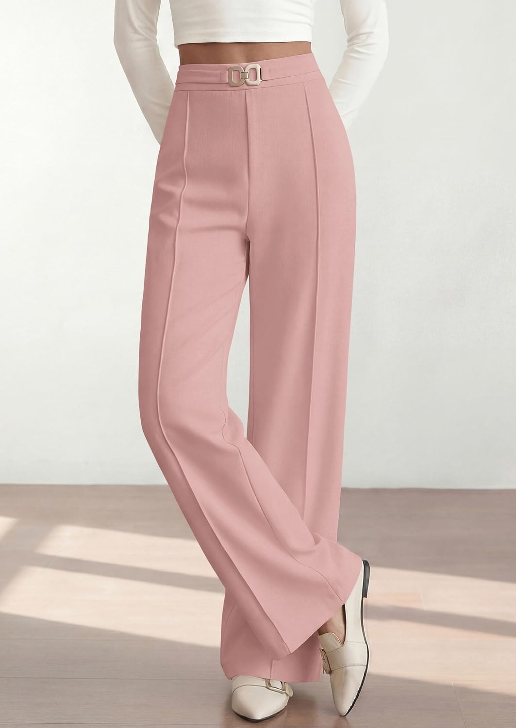 image:imagePRETTYGARDEN Womens High Waisted Dressy Casual Pants Decoration BuckleFront Seam Trousers with PocketsBusiness Casual OutfitsWork Office SlacksDaily Palazzo Pants All SeasonPink