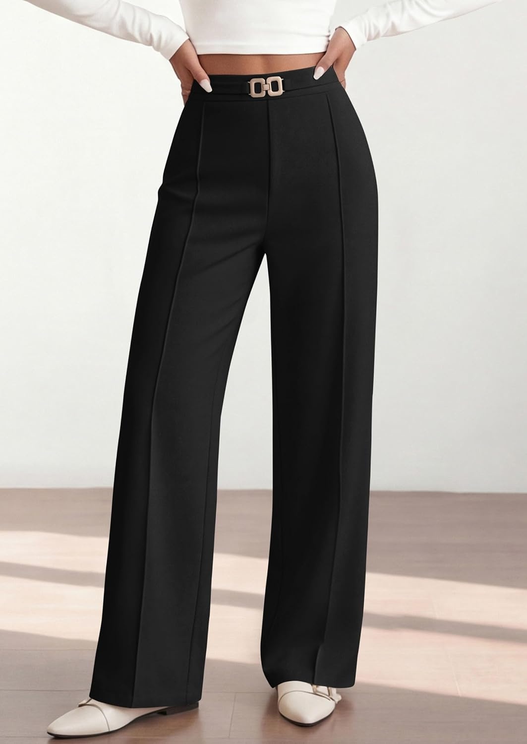 image:imagePRETTYGARDEN Womens High Waisted Dressy Casual Pants Decoration BuckleFront Seam Trousers with PocketsBusiness Casual OutfitsWork Office SlacksDaily Palazzo Pants All SeasonBlack