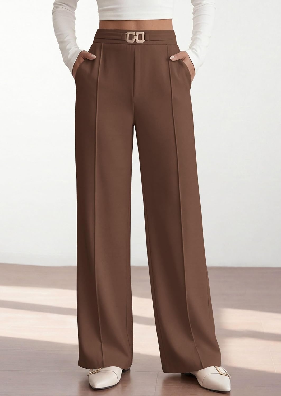 image:imagePRETTYGARDEN Womens High Waisted Dressy Casual Pants Decoration BuckleFront Seam Trousers with PocketsBusiness Casual OutfitsWork Office SlacksDaily Palazzo Pants All SeasonBrown