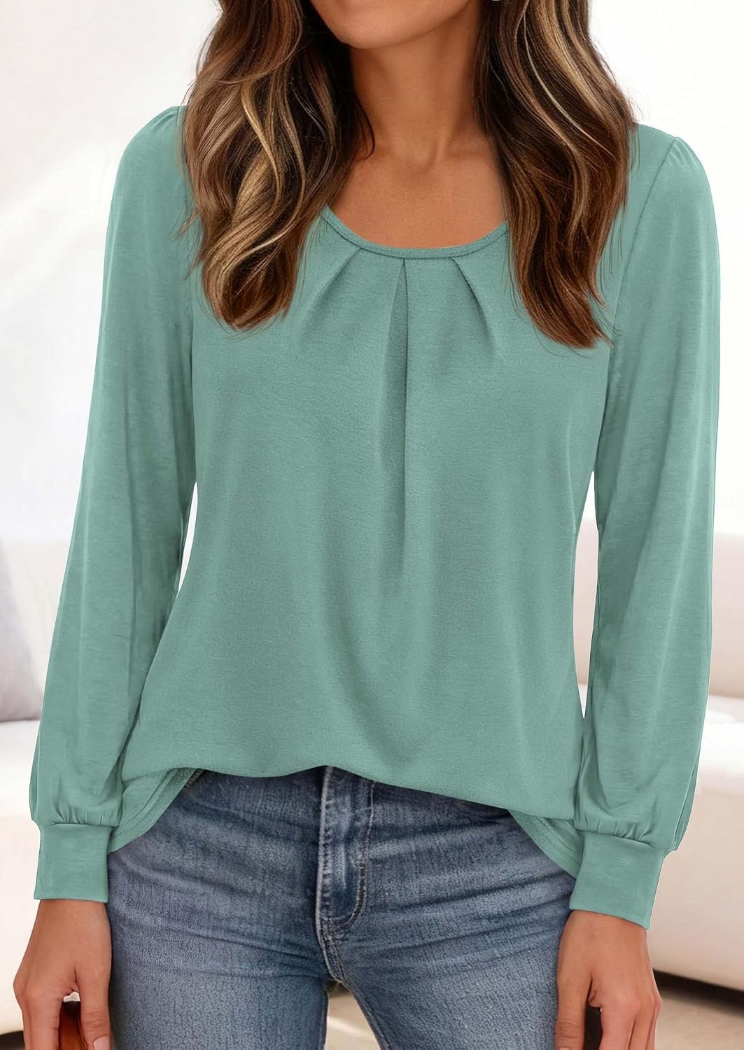 image:imagePRETTYGARDEN Womens Long Puff Sleeve Tops Crew Neck Blouse Pleated Front Loose Fit Soft Business Casual Work Shirts Dressy Daily Wear School Travel Outfits Fall Winter ClothingGrey Green
