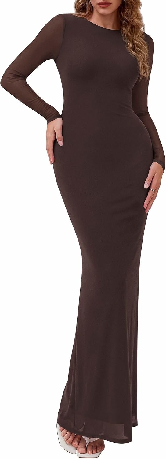 image:imagePRETTYGARDEN Womens Mesh Long Sleeve Bodycon Maxi Dress Fall Wedding Guest Dresses Boat Neck Slim Fitted Elegant Evening Wear Formal Cocktail Holiday Party Date Night OutfitsBrown