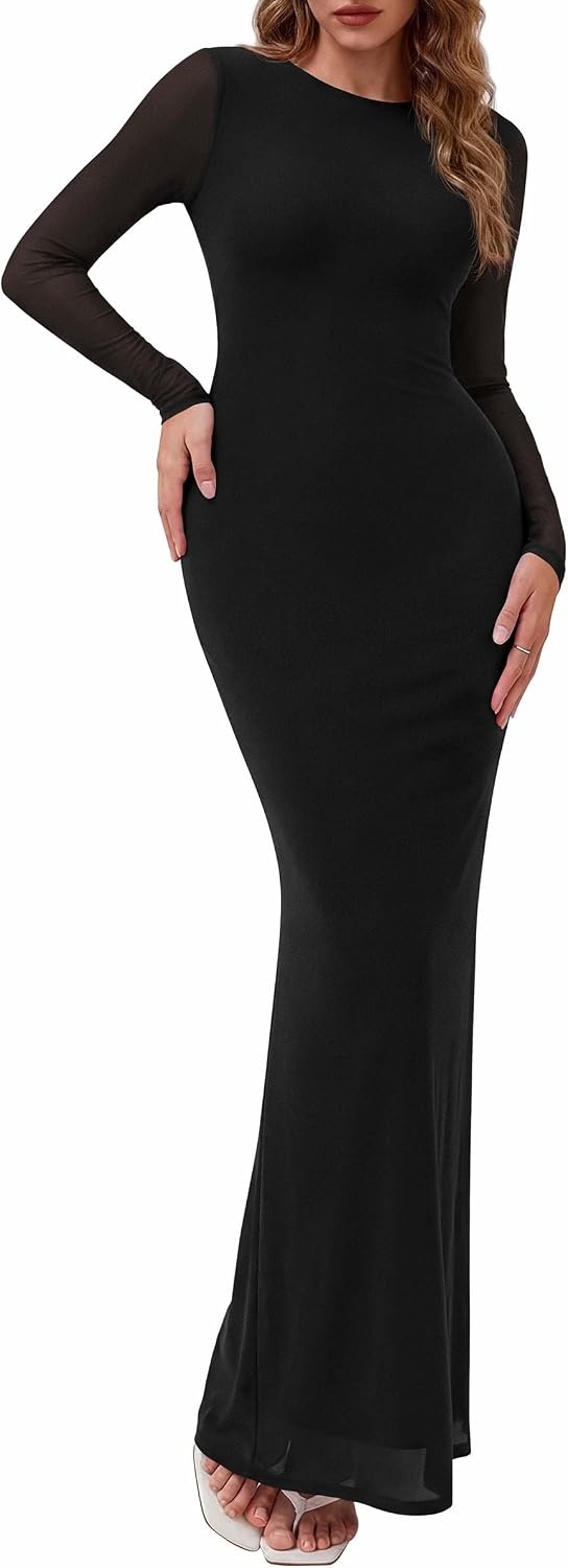 image:imagePRETTYGARDEN Womens Mesh Long Sleeve Bodycon Maxi Dress Fall Wedding Guest Dresses Boat Neck Slim Fitted Elegant Evening Wear Formal Cocktail Holiday Party Date Night OutfitsBlack