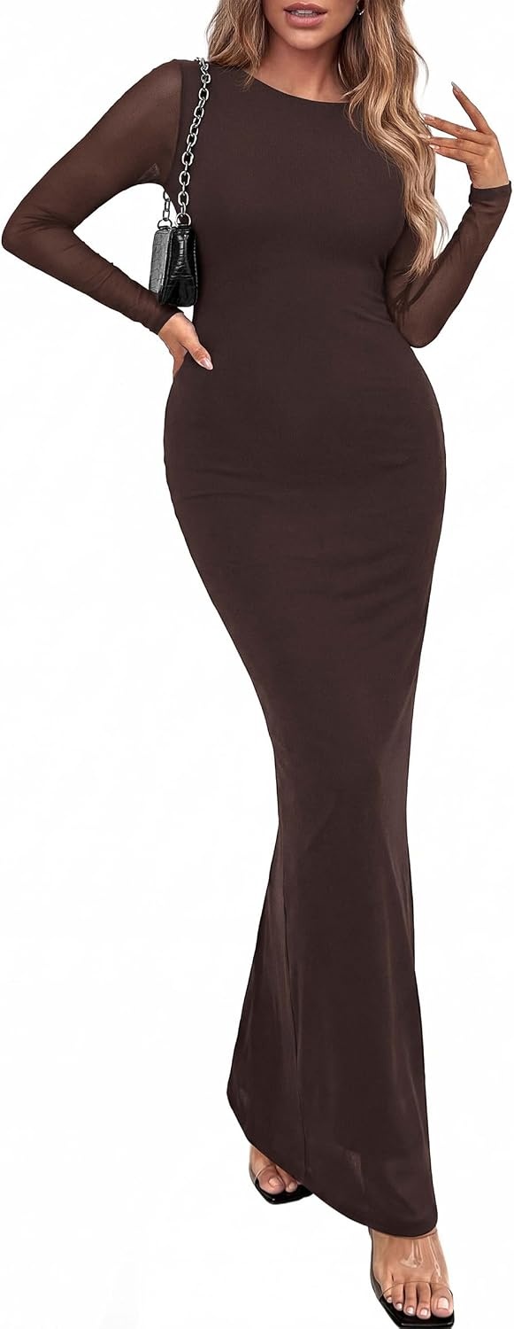 image:imagePRETTYGARDEN Womens Mesh Long Sleeve Bodycon Maxi Dress Fall Wedding Guest Dresses Boat Neck Slim Fitted Elegant Evening Wear Formal Cocktail Holiday Party Date Night OutfitsBrown