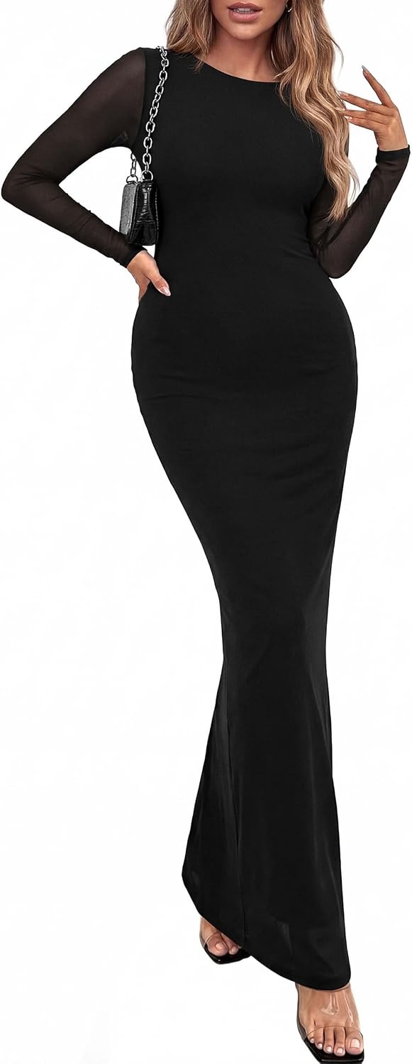 image:imagePRETTYGARDEN Womens Mesh Long Sleeve Bodycon Maxi Dress Fall Wedding Guest Dresses Boat Neck Slim Fitted Elegant Evening Wear Formal Cocktail Holiday Party Date Night OutfitsBlack