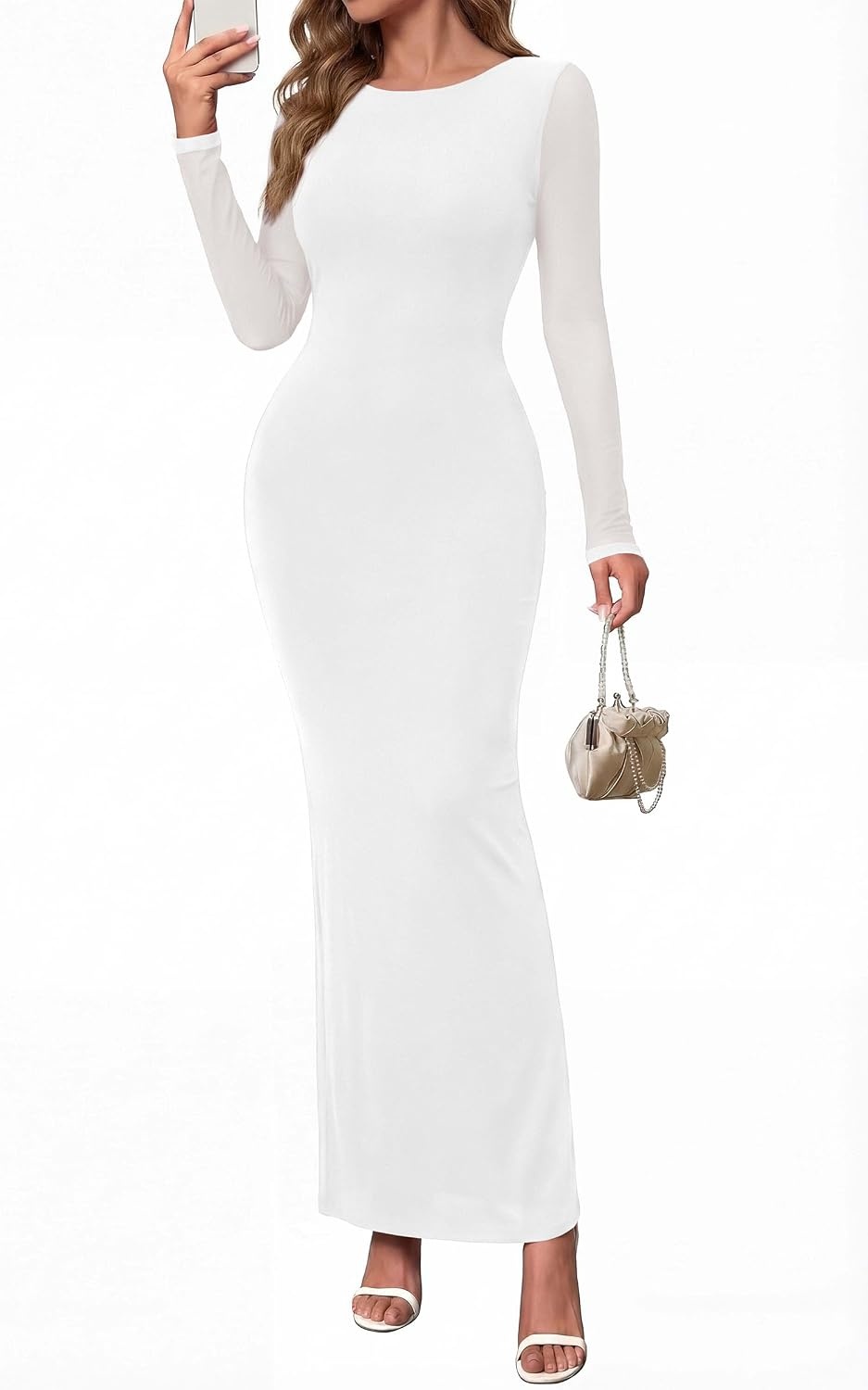 image:imagePRETTYGARDEN Womens Mesh Long Sleeve Bodycon Maxi Dress Fall Wedding Guest Dresses Boat Neck Slim Fitted Elegant Evening Wear Formal Cocktail Holiday Party Date Night OutfitsWhite