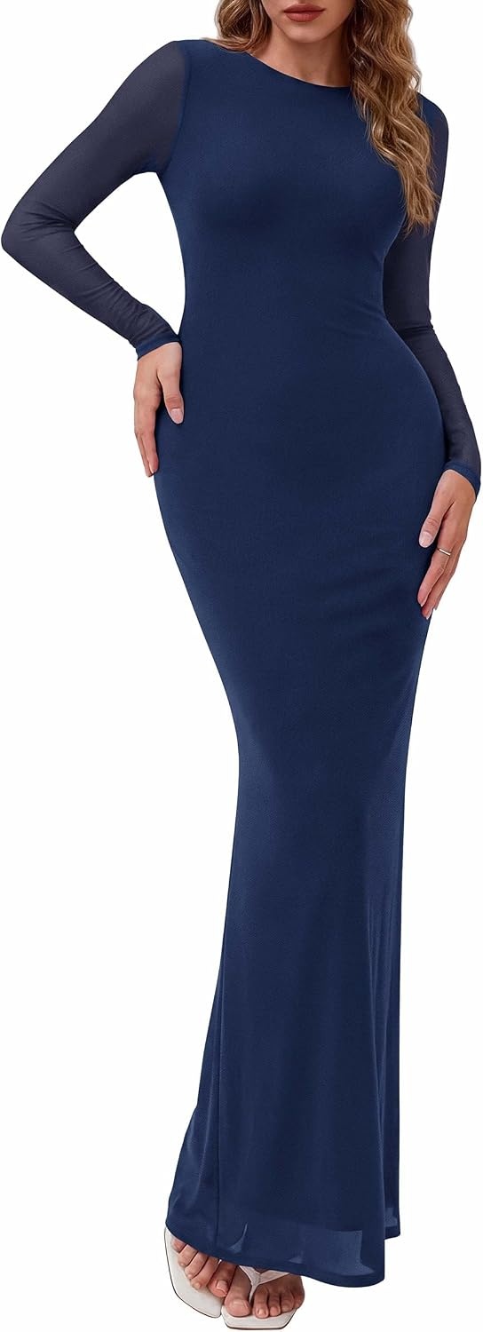 image:imagePRETTYGARDEN Womens Mesh Long Sleeve Bodycon Maxi Dress Fall Wedding Guest Dresses Boat Neck Slim Fitted Elegant Evening Wear Formal Cocktail Holiday Party Date Night OutfitsRoyal Blue