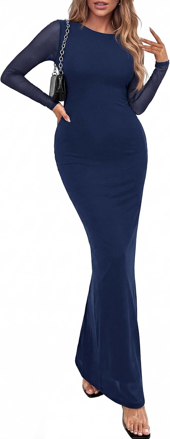 image:imagePRETTYGARDEN Womens Mesh Long Sleeve Bodycon Maxi Dress Fall Wedding Guest Dresses Boat Neck Slim Fitted Elegant Evening Wear Formal Cocktail Holiday Party Date Night OutfitsRoyal Blue