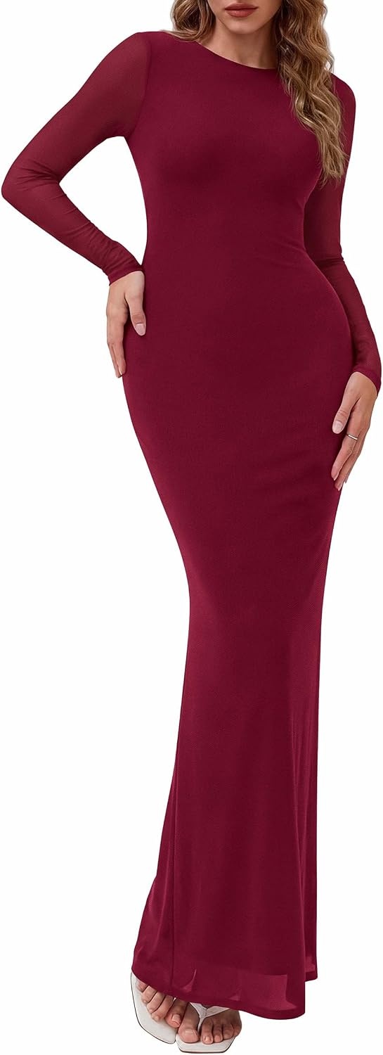 image:imagePRETTYGARDEN Womens Mesh Long Sleeve Bodycon Maxi Dress Fall Wedding Guest Dresses Boat Neck Slim Fitted Elegant Evening Wear Formal Cocktail Holiday Party Date Night OutfitsBurgundy