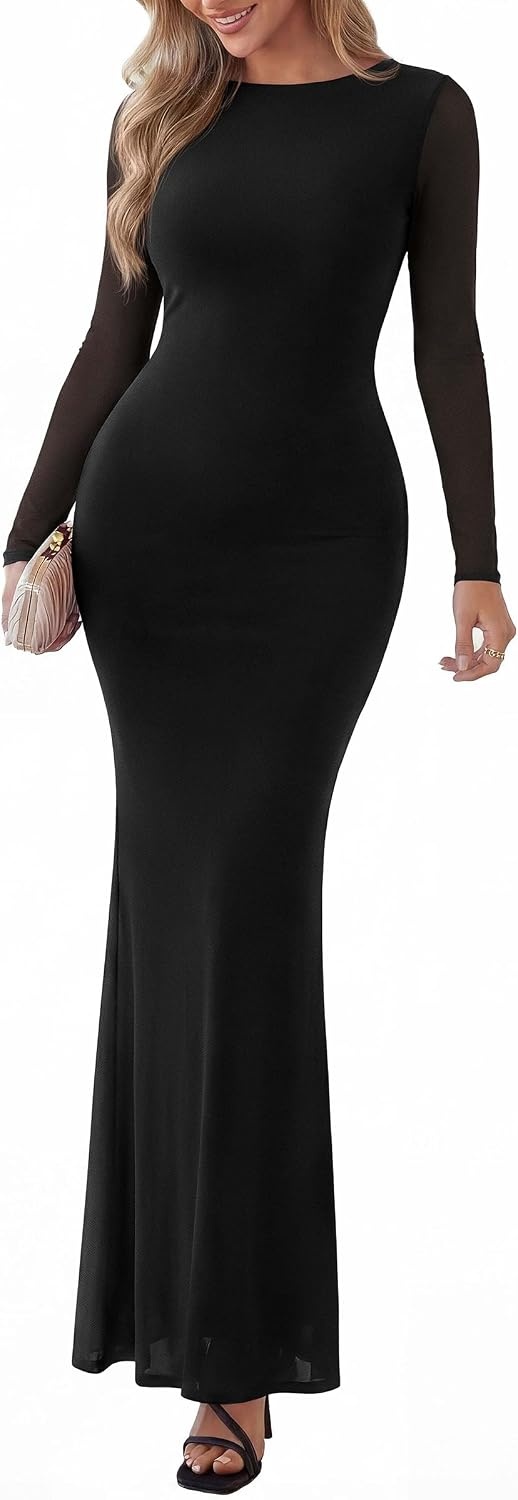 image:imagePRETTYGARDEN Womens Mesh Long Sleeve Bodycon Maxi Dress Fall Wedding Guest Dresses Boat Neck Slim Fitted Elegant Evening Wear Formal Cocktail Holiday Party Date Night OutfitsBlack