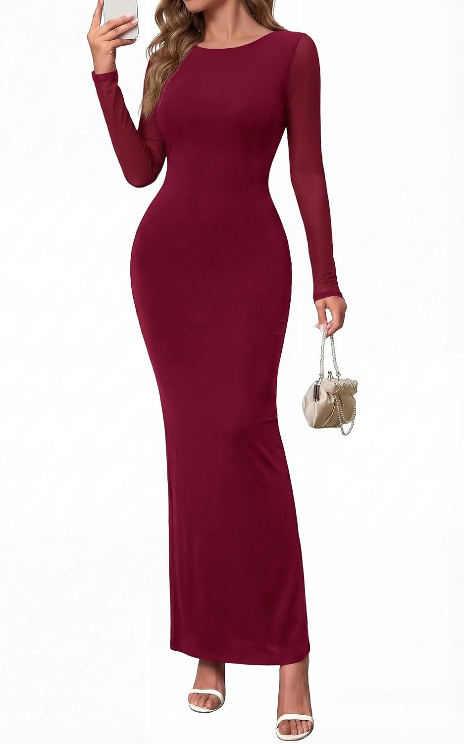 image:imagePRETTYGARDEN Womens Mesh Long Sleeve Bodycon Maxi Dress Fall Wedding Guest Dresses Boat Neck Slim Fitted Elegant Evening Wear Formal Cocktail Holiday Party Date Night OutfitsBurgundy
