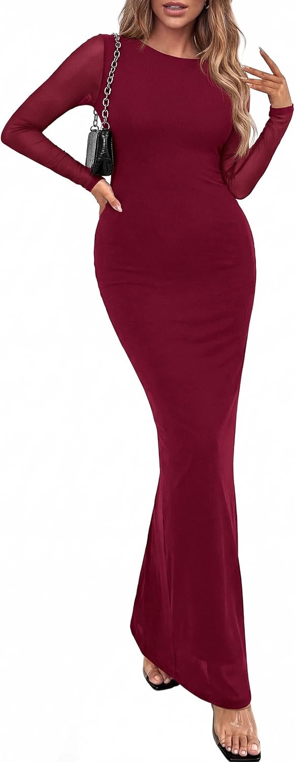image:imagePRETTYGARDEN Womens Mesh Long Sleeve Bodycon Maxi Dress Fall Wedding Guest Dresses Boat Neck Slim Fitted Elegant Evening Wear Formal Cocktail Holiday Party Date Night OutfitsBurgundy
