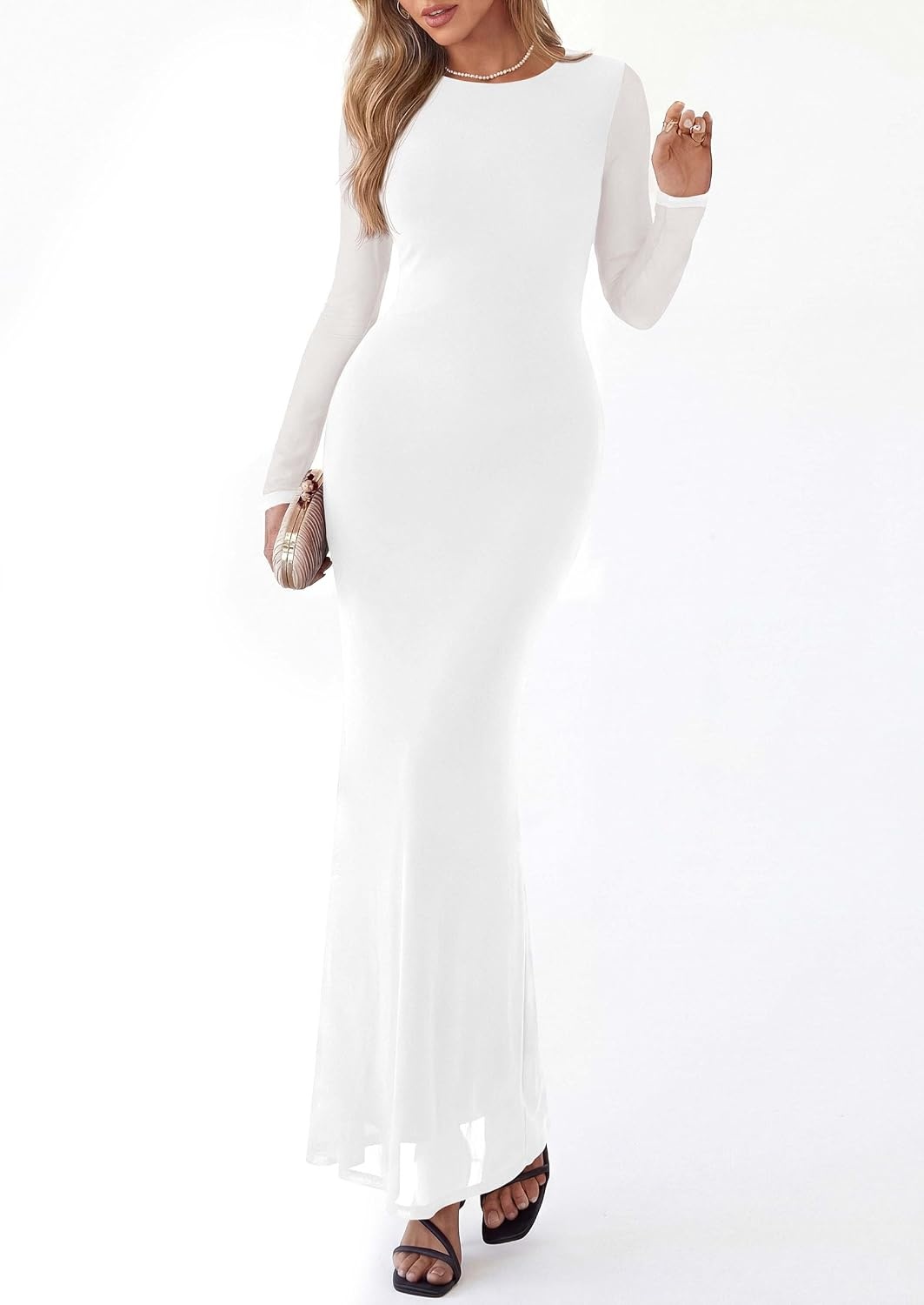 image:imagePRETTYGARDEN Womens Mesh Long Sleeve Bodycon Maxi Dress Fall Wedding Guest Dresses Boat Neck Slim Fitted Elegant Evening Wear Formal Cocktail Holiday Party Date Night OutfitsWhite