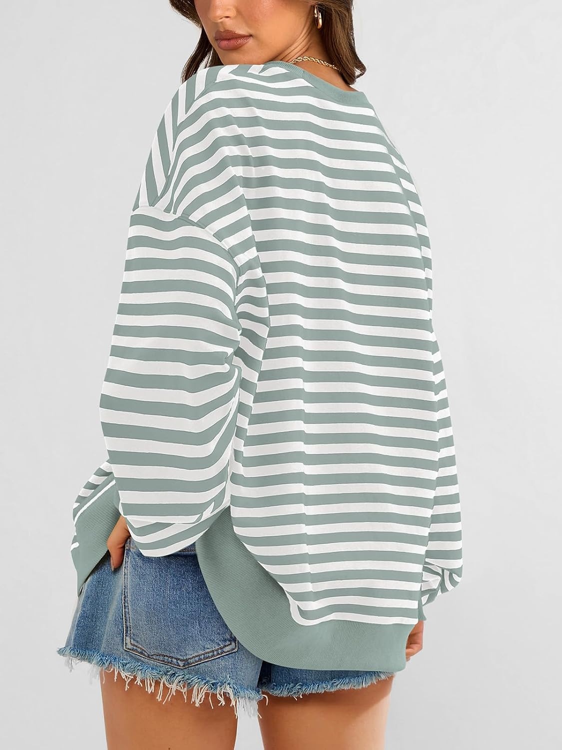 image:imagePRETTYGARDEN Womens Striped Oversized Sweatshirt Lightweight Fall Clothes Stitching Crew Neck Sweatshirts Women Long Sleeve Casual Loose Pullover Top Color Block Y2K Outfits Fashion ClothingLight Green White