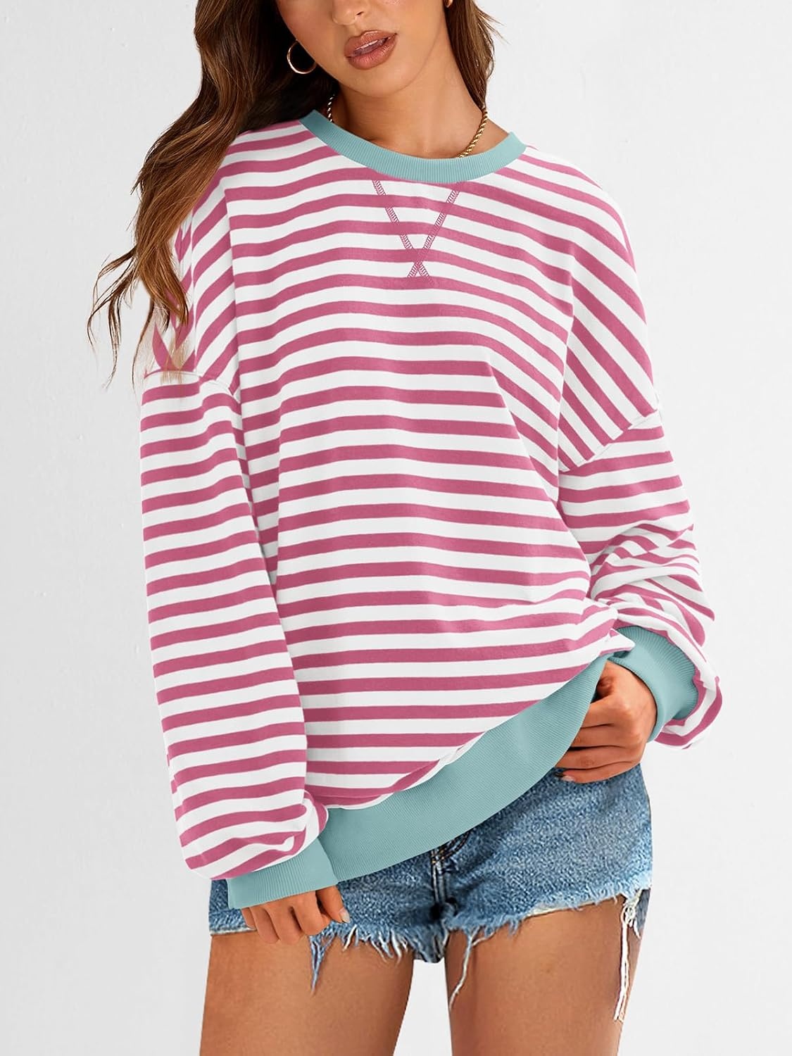 image:imagePRETTYGARDEN Womens Striped Oversized Sweatshirt Lightweight Fall Clothes Stitching Crew Neck Sweatshirts Women Long Sleeve Casual Loose Pullover Top Color Block Y2K Outfits Fashion ClothingPink White