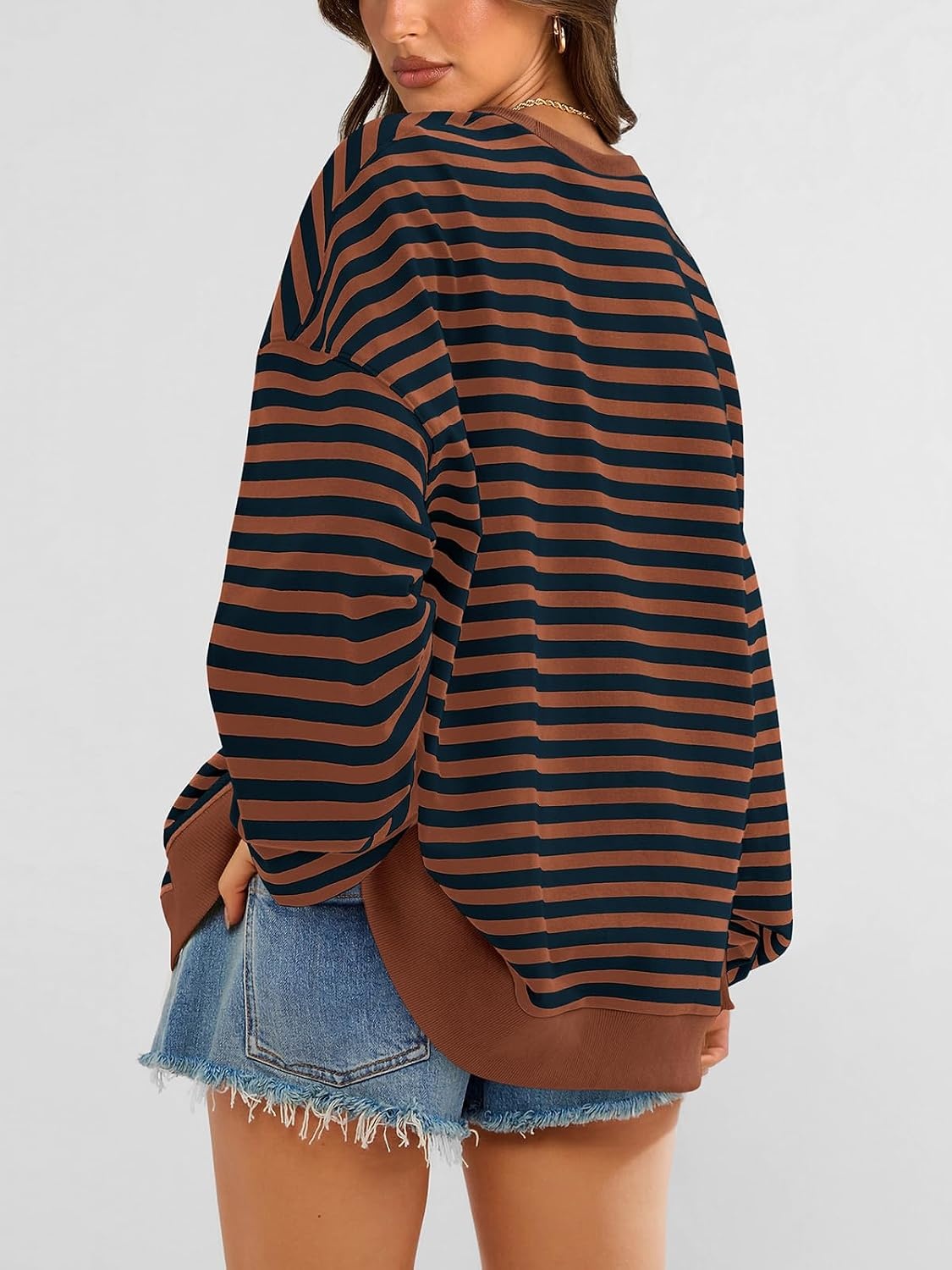 image:imagePRETTYGARDEN Womens Striped Oversized Sweatshirt Lightweight Fall Clothes Stitching Crew Neck Sweatshirts Women Long Sleeve Casual Loose Pullover Top Color Block Y2K Outfits Fashion ClothingBrown Navy