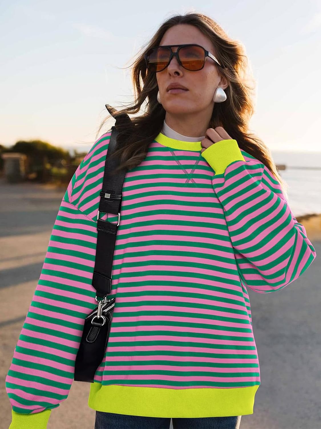 image:imagePRETTYGARDEN Womens Striped Oversized Sweatshirt Lightweight Fall Clothes Stitching Crew Neck Sweatshirts Women Long Sleeve Casual Loose Pullover Top Color Block Y2K Outfits Fashion ClothingPink Green
