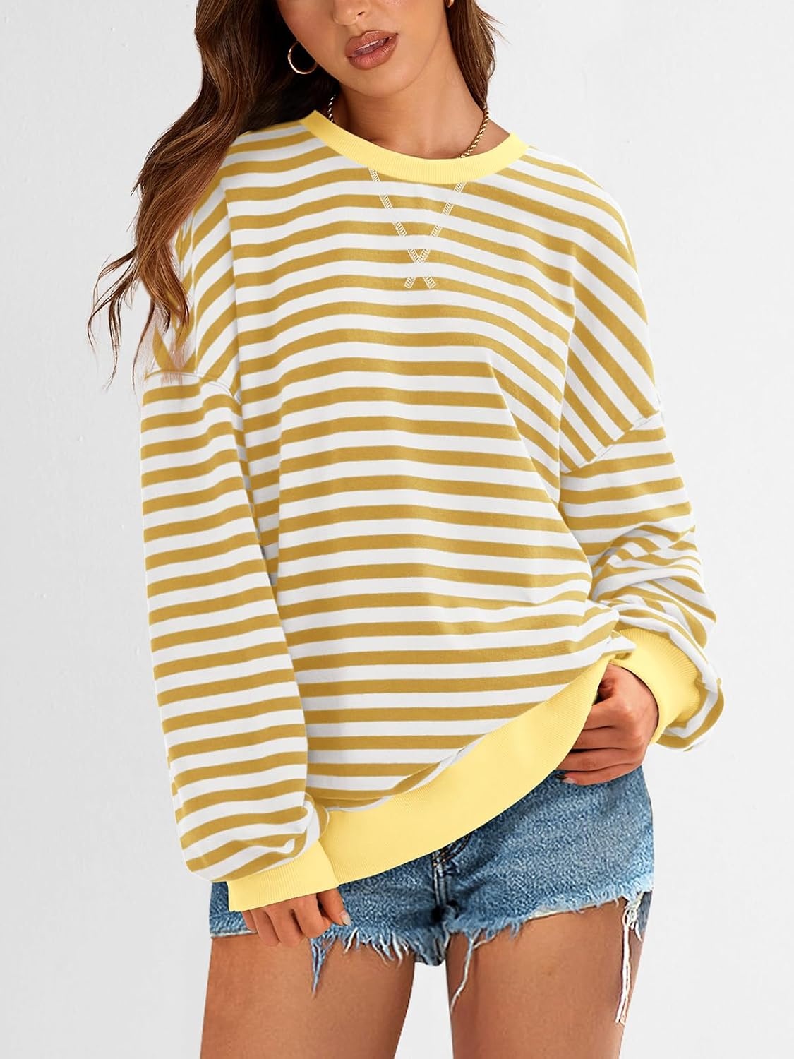image:imagePRETTYGARDEN Womens Striped Oversized Sweatshirt Lightweight Fall Clothes Stitching Crew Neck Sweatshirts Women Long Sleeve Casual Loose Pullover Top Color Block Y2K Outfits Fashion ClothingYellow White