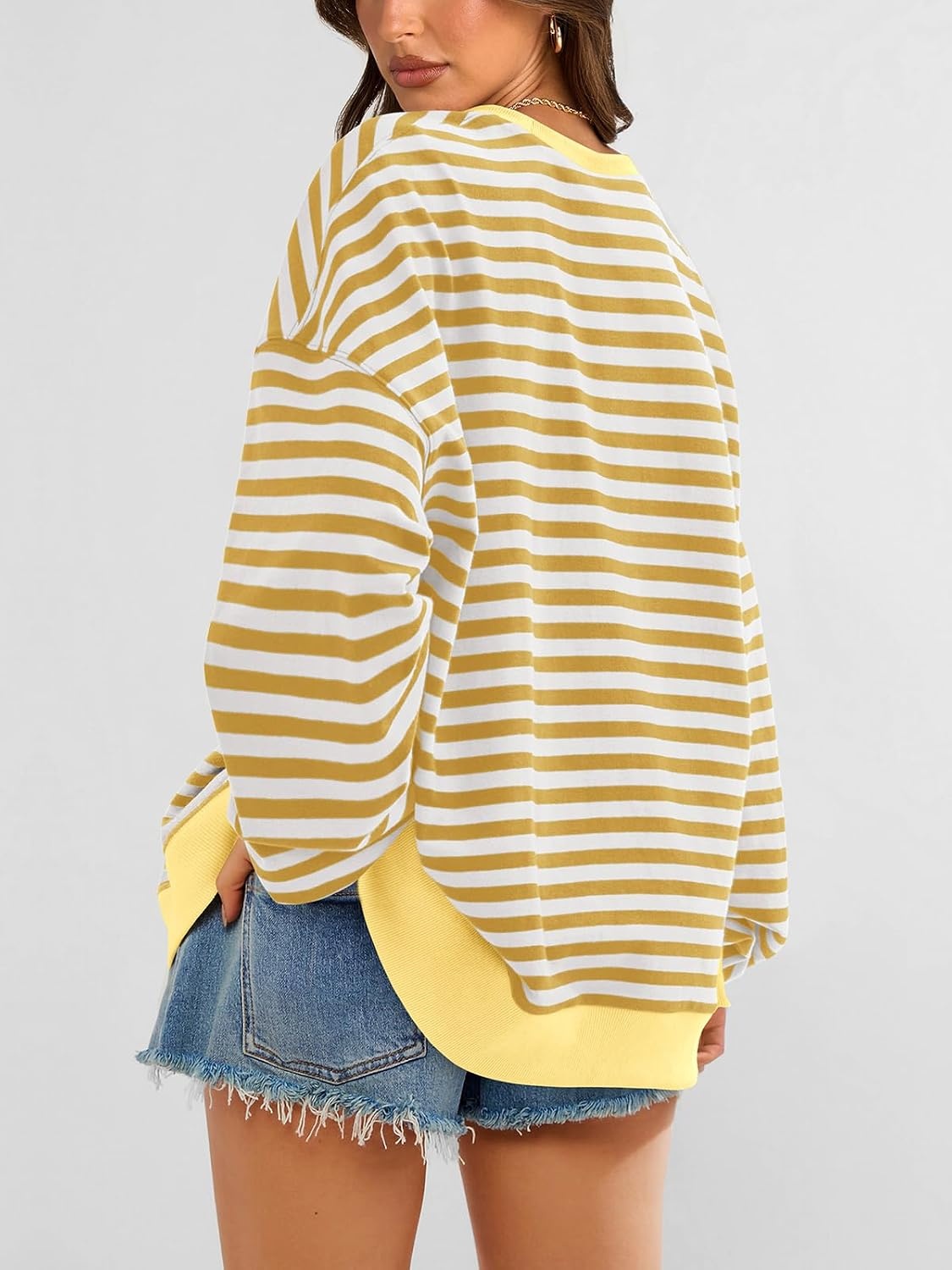 image:imagePRETTYGARDEN Womens Striped Oversized Sweatshirt Lightweight Fall Clothes Stitching Crew Neck Sweatshirts Women Long Sleeve Casual Loose Pullover Top Color Block Y2K Outfits Fashion ClothingYellow White