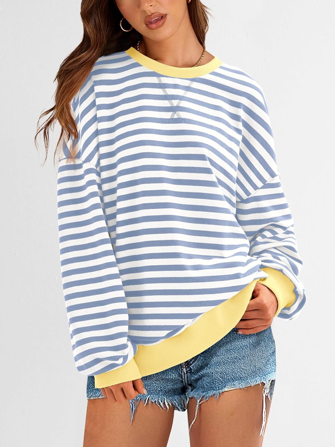 image:imagePRETTYGARDEN Womens Striped Oversized Sweatshirt Lightweight Fall Clothes Stitching Crew Neck Sweatshirts Women Long Sleeve Casual Loose Pullover Top Color Block Y2K Outfits Fashion ClothingBlue Beige