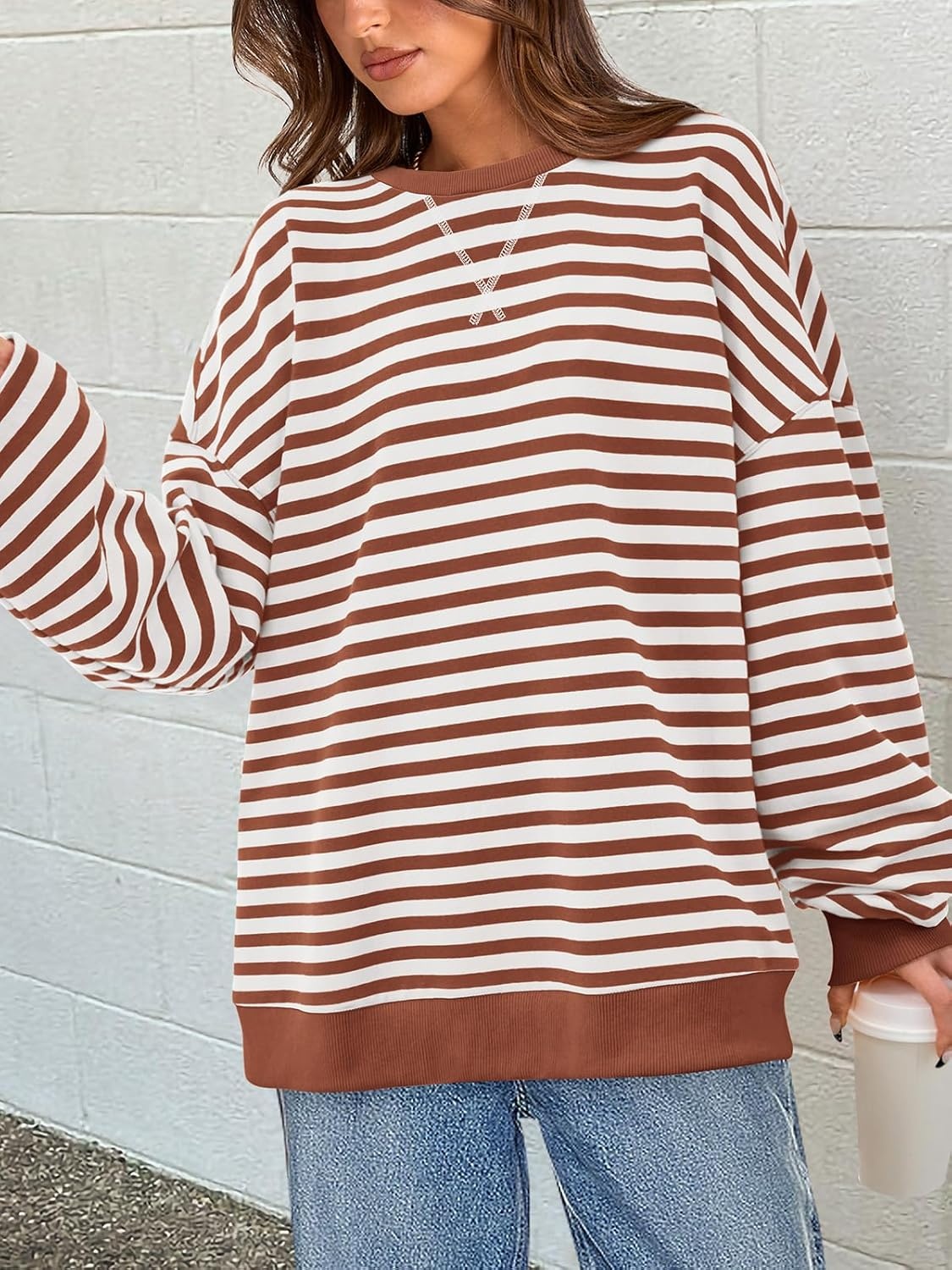 image:imagePRETTYGARDEN Womens Striped Oversized Sweatshirt Lightweight Fall Clothes Stitching Crew Neck Sweatshirts Women Long Sleeve Casual Loose Pullover Top Color Block Y2K Outfits Fashion ClothingBrick Red White