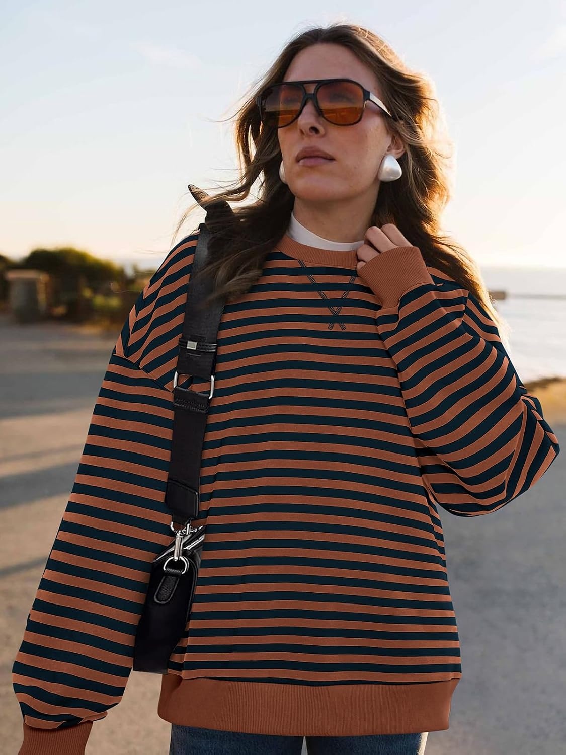 image:imagePRETTYGARDEN Womens Striped Oversized Sweatshirt Lightweight Fall Clothes Stitching Crew Neck Sweatshirts Women Long Sleeve Casual Loose Pullover Top Color Block Y2K Outfits Fashion ClothingBrown Navy
