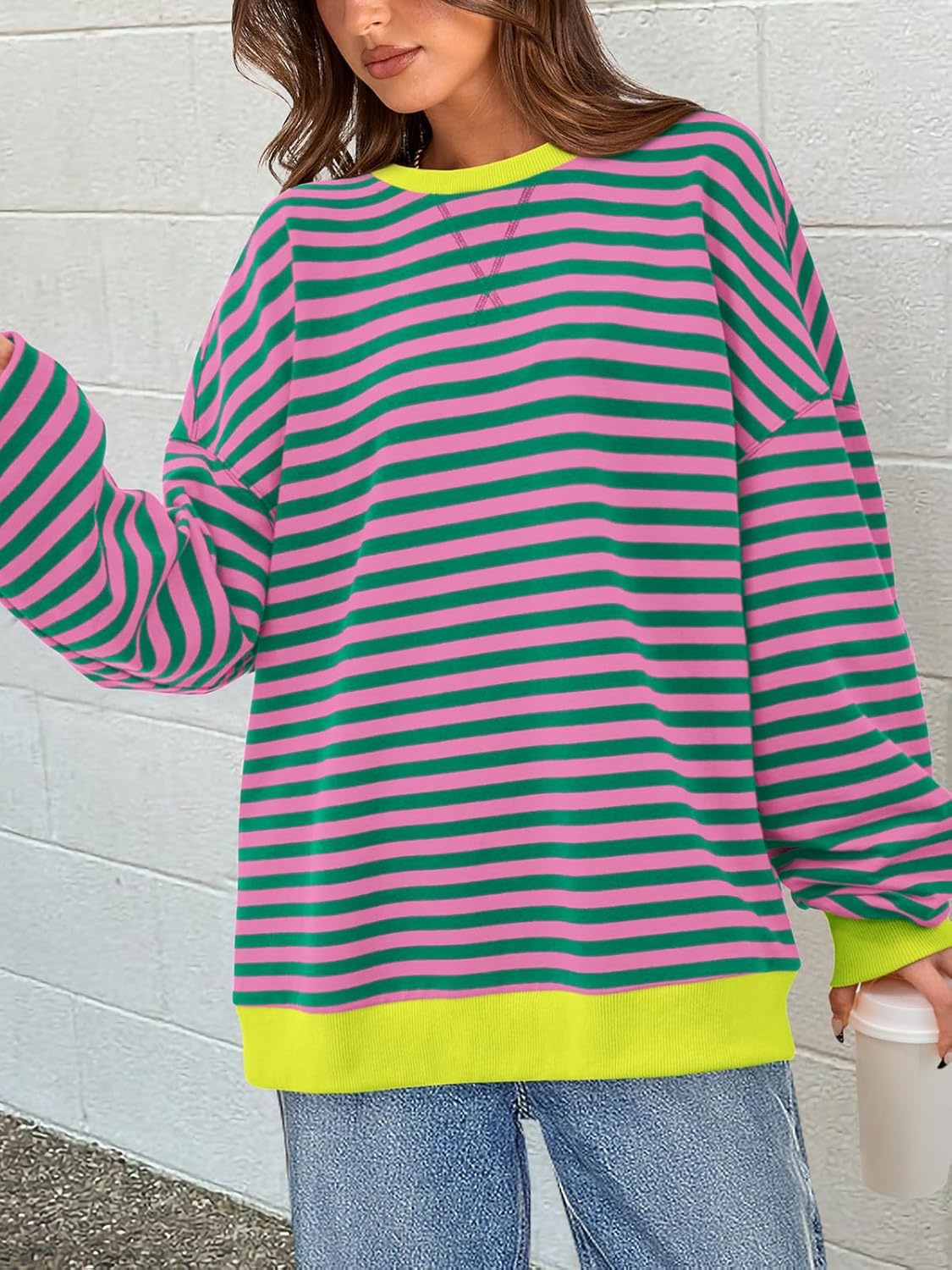 image:imagePRETTYGARDEN Womens Striped Oversized Sweatshirt Lightweight Fall Clothes Stitching Crew Neck Sweatshirts Women Long Sleeve Casual Loose Pullover Top Color Block Y2K Outfits Fashion ClothingPink Green