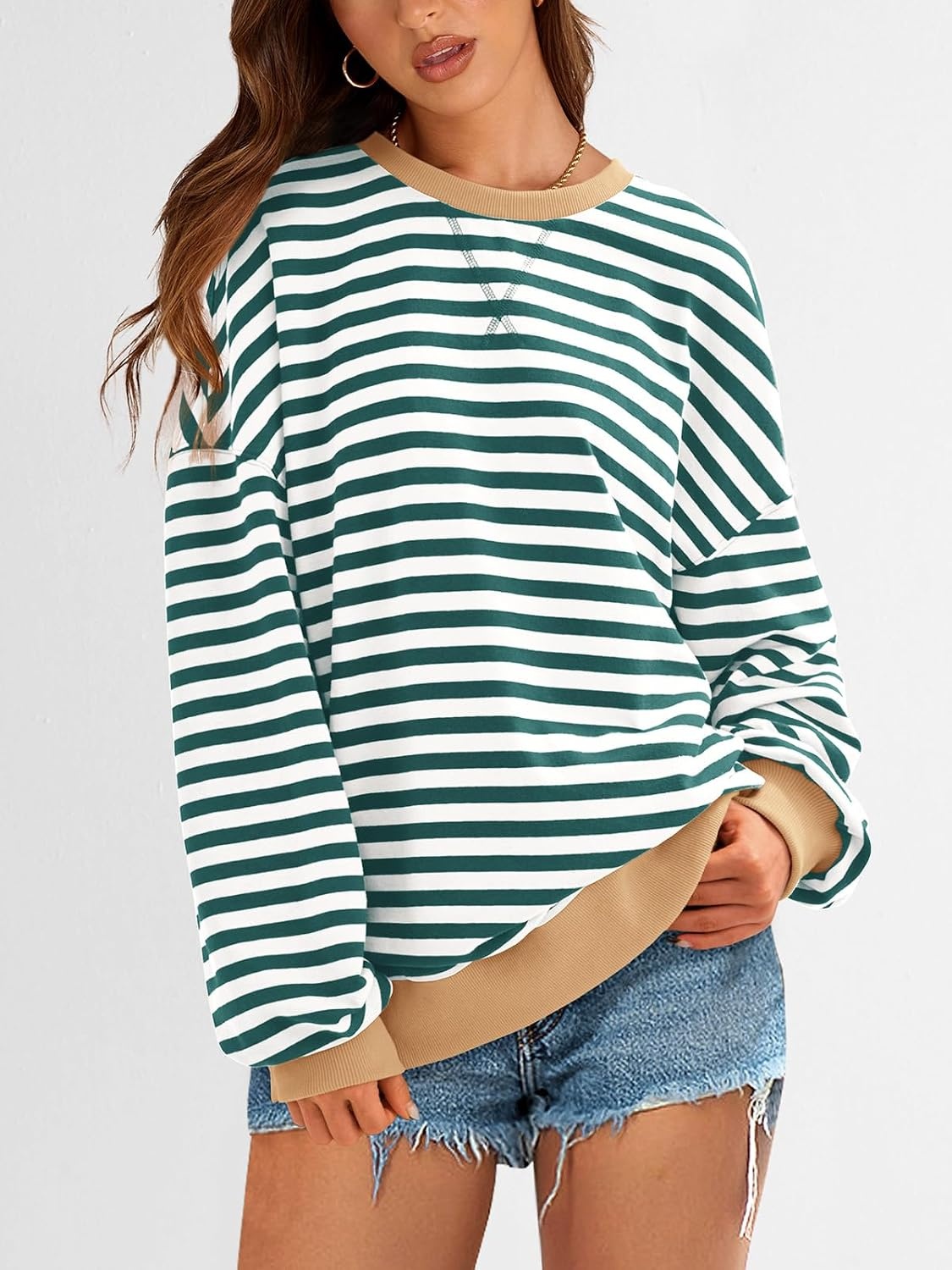 image:imagePRETTYGARDEN Womens Striped Oversized Sweatshirt Lightweight Fall Clothes Stitching Crew Neck Sweatshirts Women Long Sleeve Casual Loose Pullover Top Color Block Y2K Outfits Fashion ClothingGreen White