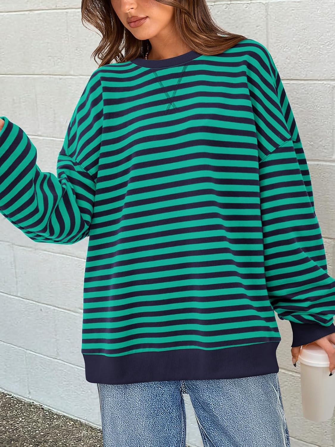 image:imagePRETTYGARDEN Womens Striped Oversized Sweatshirt Lightweight Fall Clothes Stitching Crew Neck Sweatshirts Women Long Sleeve Casual Loose Pullover Top Color Block Y2K Outfits Fashion ClothingRoyal Blue Green