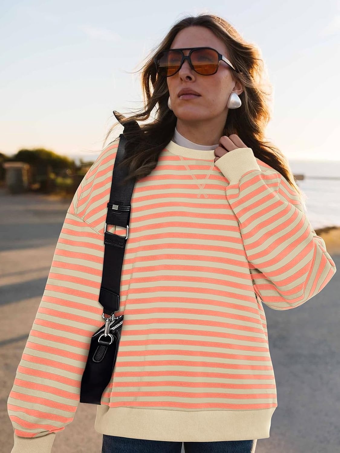 image:imagePRETTYGARDEN Womens Striped Oversized Sweatshirt Lightweight Fall Clothes Stitching Crew Neck Sweatshirts Women Long Sleeve Casual Loose Pullover Top Color Block Y2K Outfits Fashion ClothingApricot Orange