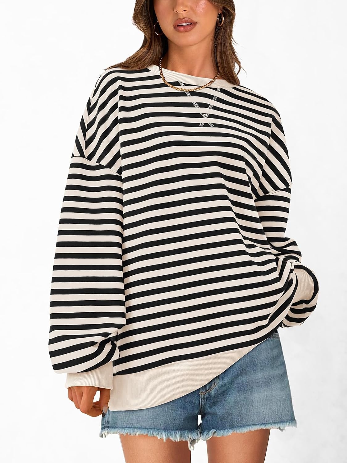 image:imagePRETTYGARDEN Womens Striped Oversized Sweatshirt Lightweight Fall Clothes Stitching Crew Neck Sweatshirts Women Long Sleeve Casual Loose Pullover Top Color Block Y2K Outfits Fashion ClothingBeige Black