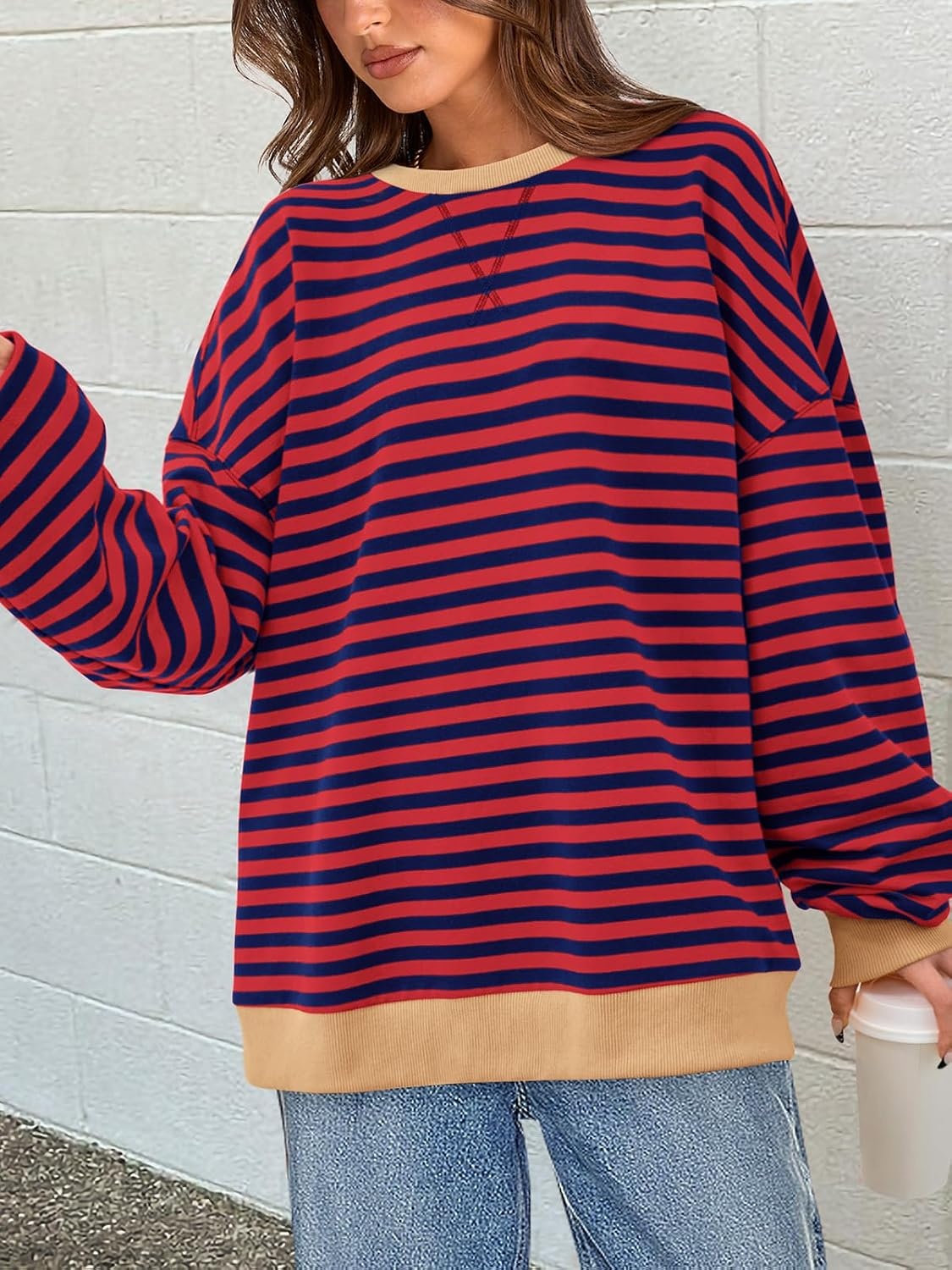 image:imagePRETTYGARDEN Womens Striped Oversized Sweatshirt Lightweight Fall Clothes Stitching Crew Neck Sweatshirts Women Long Sleeve Casual Loose Pullover Top Color Block Y2K Outfits Fashion ClothingRed Navy