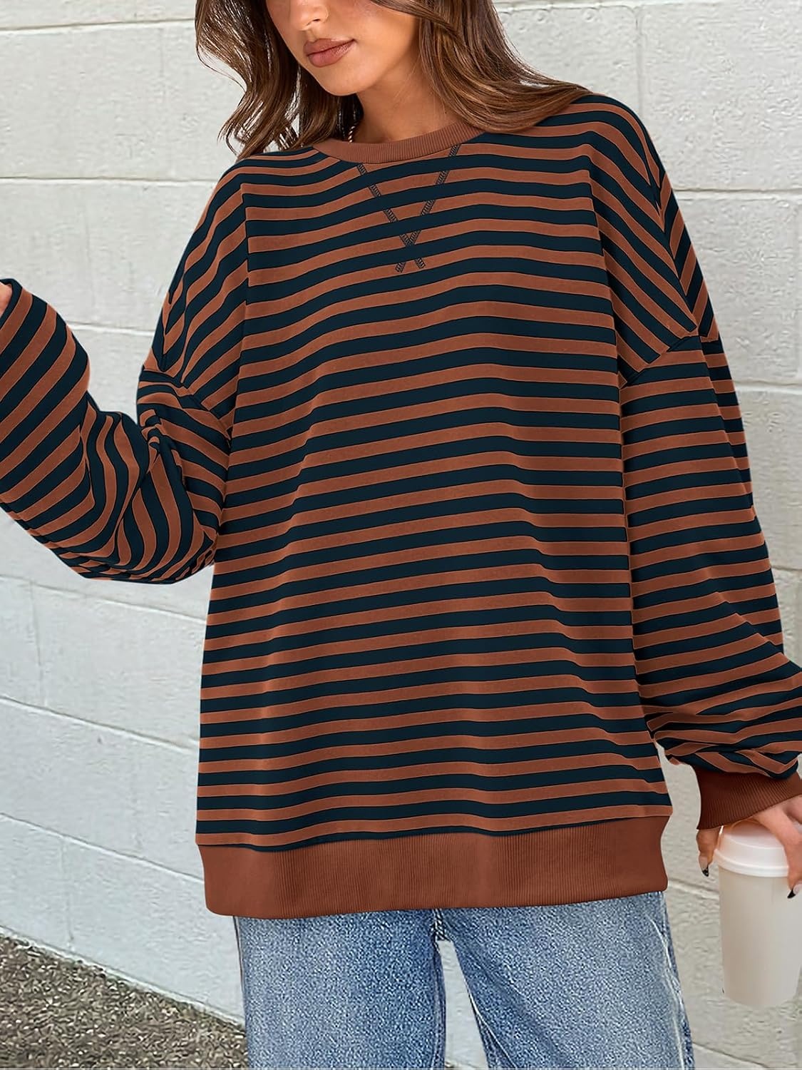 image:imagePRETTYGARDEN Womens Striped Oversized Sweatshirt Lightweight Fall Clothes Stitching Crew Neck Sweatshirts Women Long Sleeve Casual Loose Pullover Top Color Block Y2K Outfits Fashion ClothingBrown Navy