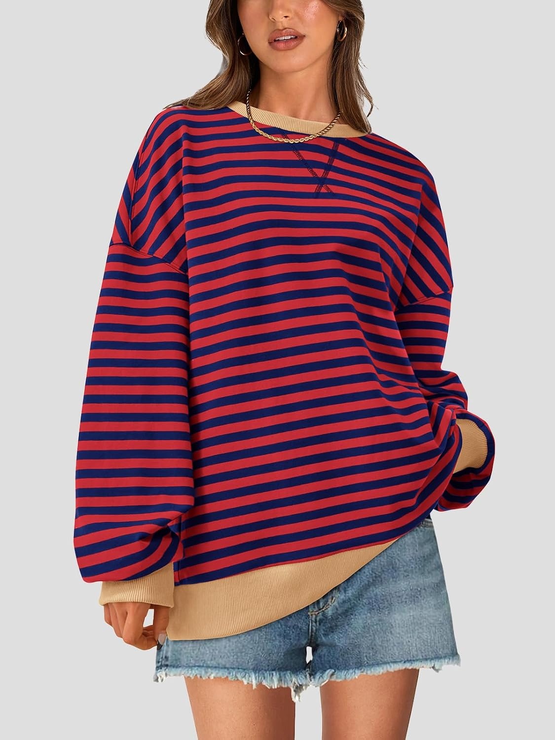 image:imagePRETTYGARDEN Womens Striped Oversized Sweatshirt Lightweight Fall Clothes Stitching Crew Neck Sweatshirts Women Long Sleeve Casual Loose Pullover Top Color Block Y2K Outfits Fashion ClothingRed Navy