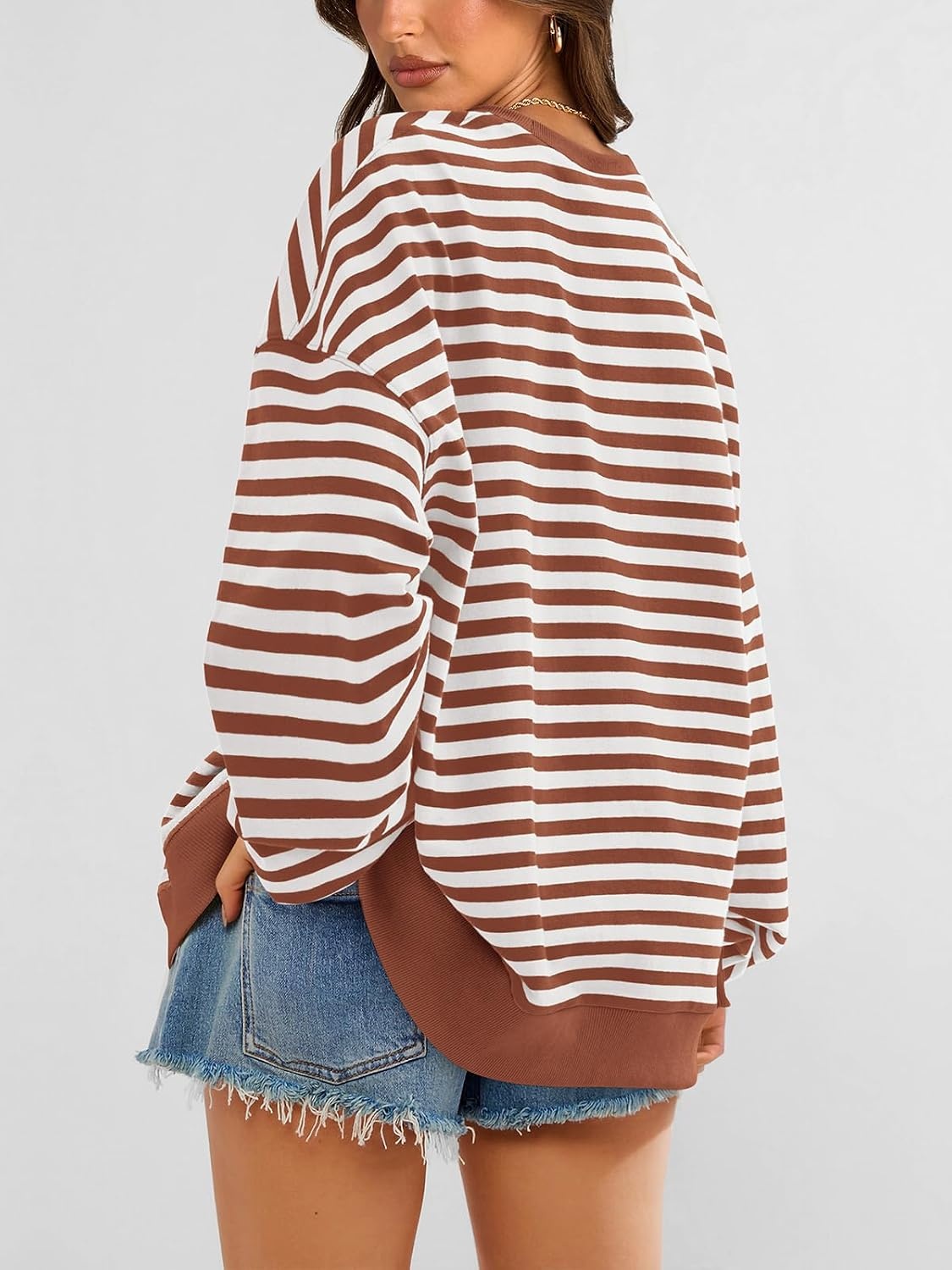 image:imagePRETTYGARDEN Womens Striped Oversized Sweatshirt Lightweight Fall Clothes Stitching Crew Neck Sweatshirts Women Long Sleeve Casual Loose Pullover Top Color Block Y2K Outfits Fashion ClothingBrick Red White