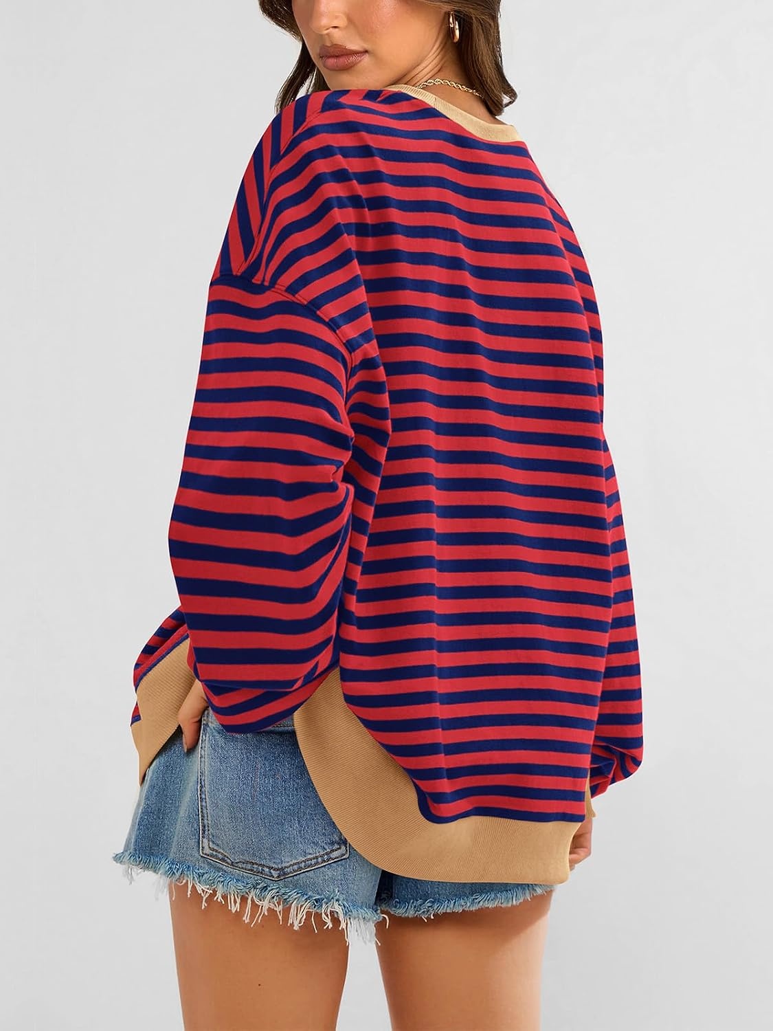 image:imagePRETTYGARDEN Womens Striped Oversized Sweatshirt Lightweight Fall Clothes Stitching Crew Neck Sweatshirts Women Long Sleeve Casual Loose Pullover Top Color Block Y2K Outfits Fashion ClothingRed Navy
