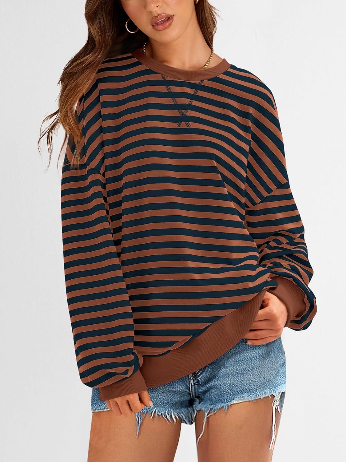 image:imagePRETTYGARDEN Womens Striped Oversized Sweatshirt Lightweight Fall Clothes Stitching Crew Neck Sweatshirts Women Long Sleeve Casual Loose Pullover Top Color Block Y2K Outfits Fashion ClothingBrown Navy