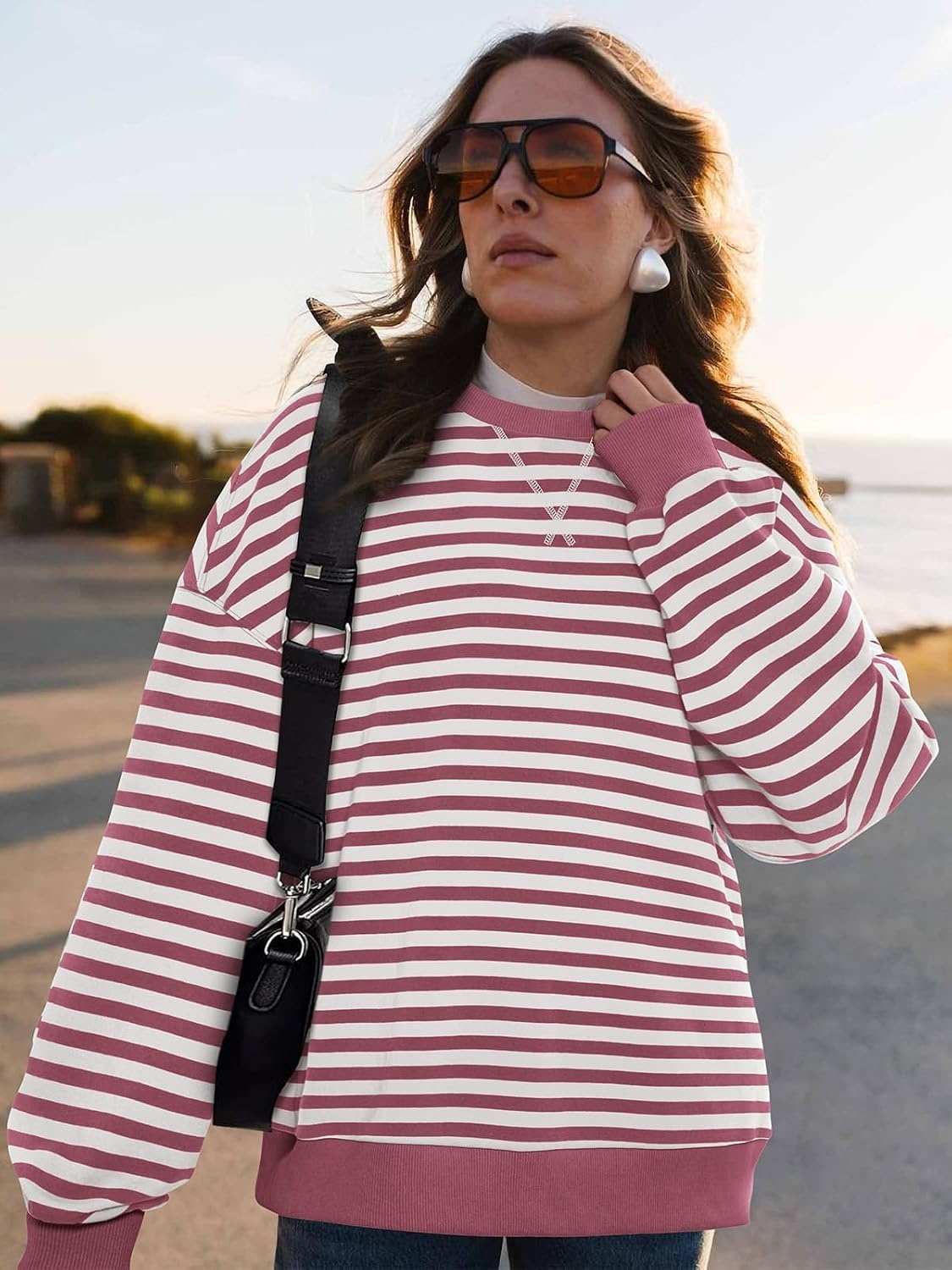 image:imagePRETTYGARDEN Womens Striped Oversized Sweatshirt Lightweight Fall Clothes Stitching Crew Neck Sweatshirts Women Long Sleeve Casual Loose Pullover Top Color Block Y2K Outfits Fashion ClothingBean Paste Red White