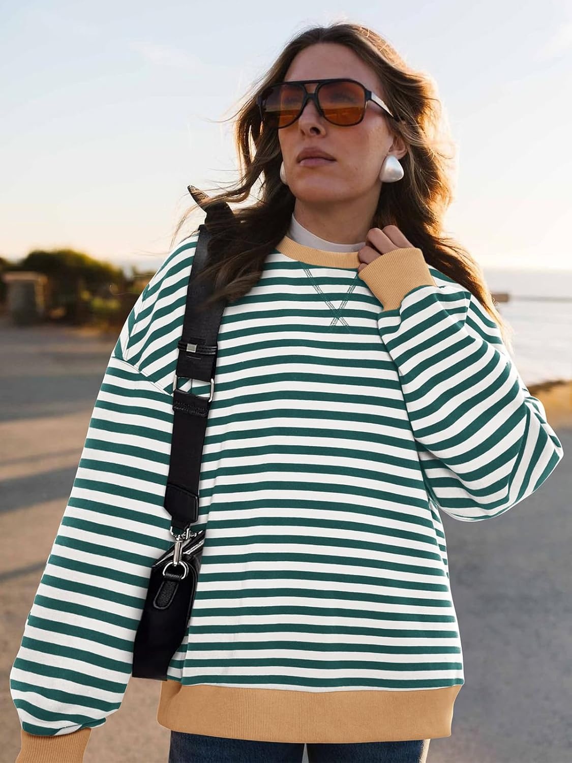image:imagePRETTYGARDEN Womens Striped Oversized Sweatshirt Lightweight Fall Clothes Stitching Crew Neck Sweatshirts Women Long Sleeve Casual Loose Pullover Top Color Block Y2K Outfits Fashion ClothingGreen White