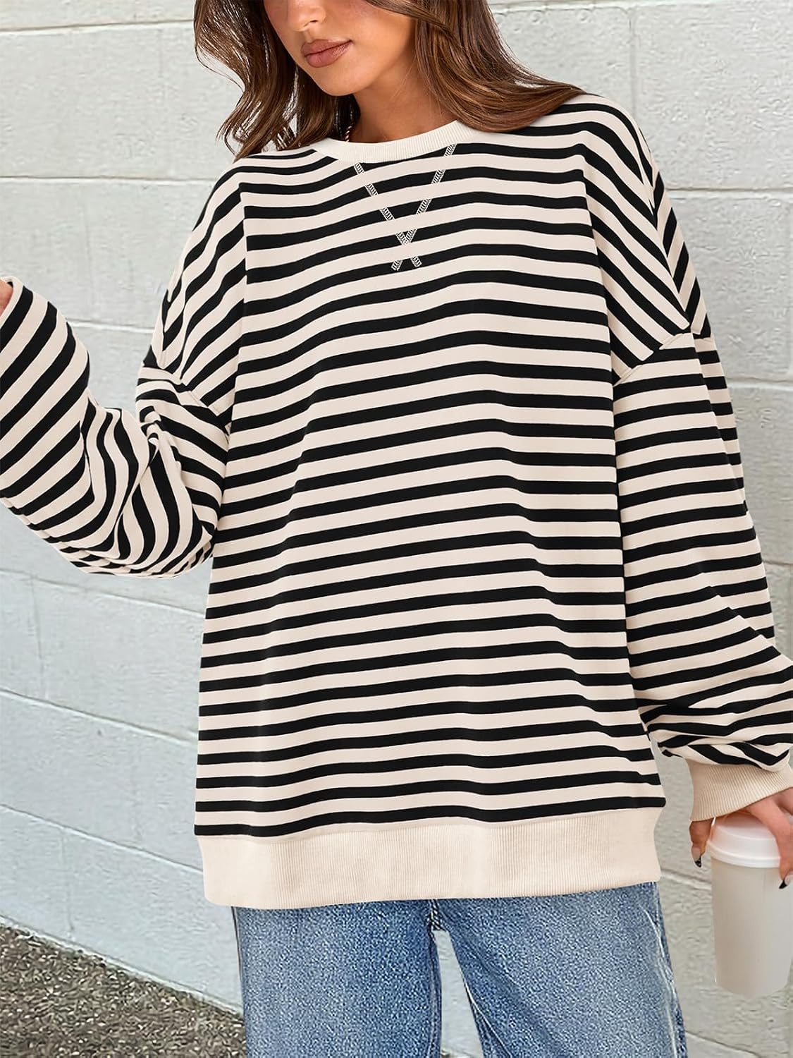 image:imagePRETTYGARDEN Womens Striped Oversized Sweatshirt Lightweight Fall Clothes Stitching Crew Neck Sweatshirts Women Long Sleeve Casual Loose Pullover Top Color Block Y2K Outfits Fashion ClothingBeige Black