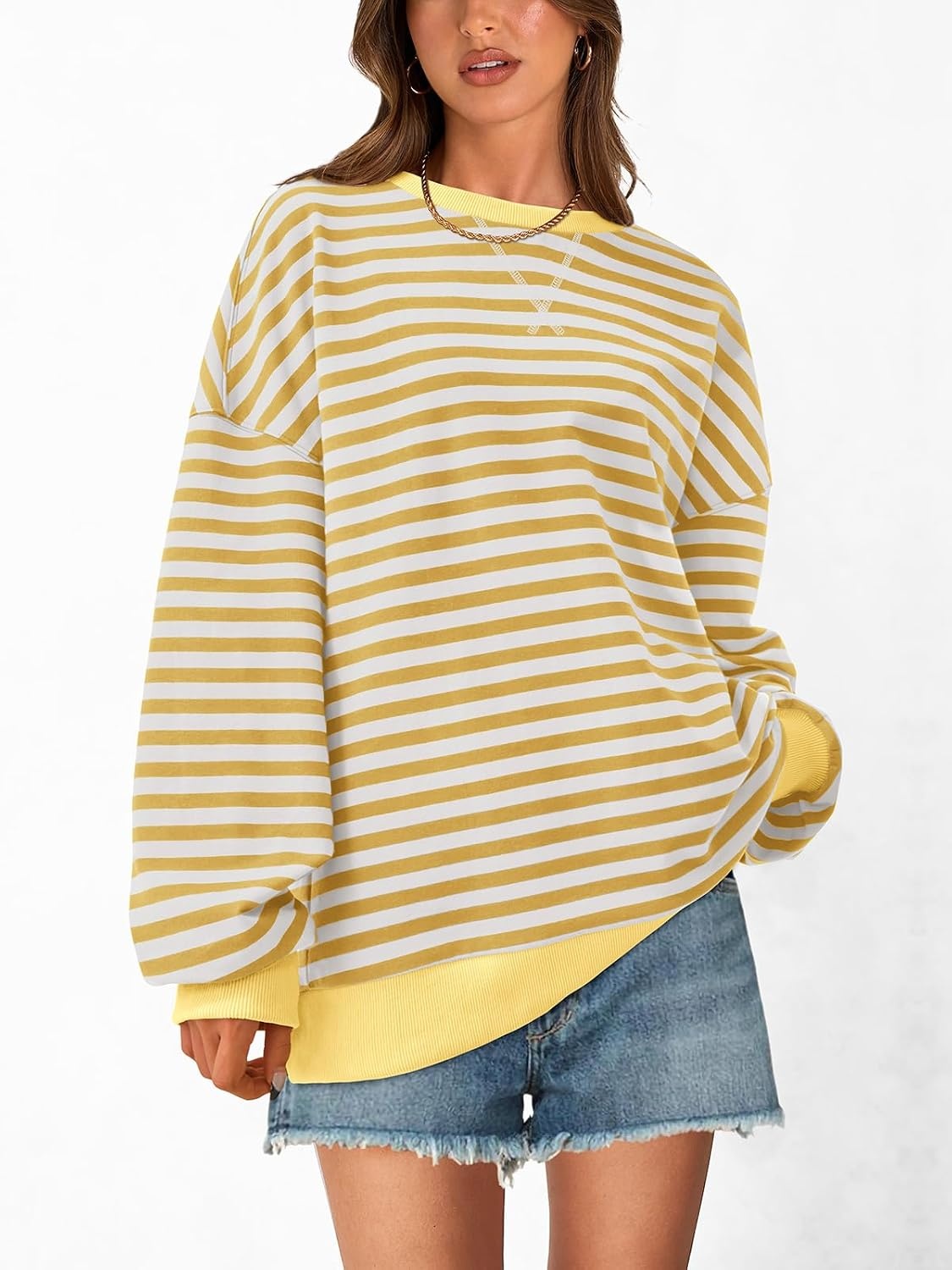 image:imagePRETTYGARDEN Womens Striped Oversized Sweatshirt Lightweight Fall Clothes Stitching Crew Neck Sweatshirts Women Long Sleeve Casual Loose Pullover Top Color Block Y2K Outfits Fashion ClothingYellow White