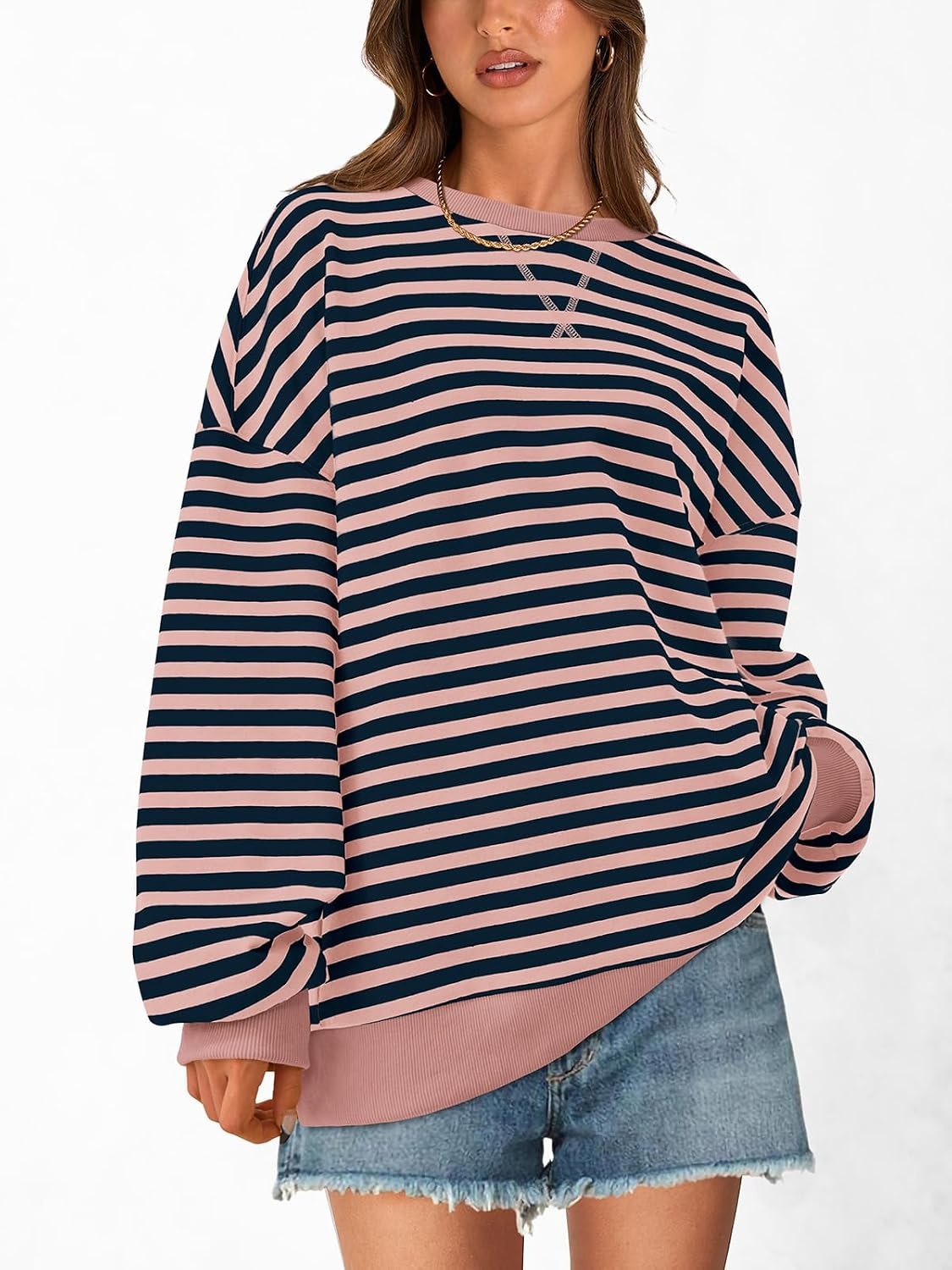 image:imagePRETTYGARDEN Womens Striped Oversized Sweatshirt Lightweight Fall Clothes Stitching Crew Neck Sweatshirts Women Long Sleeve Casual Loose Pullover Top Color Block Y2K Outfits Fashion ClothingPink Navy