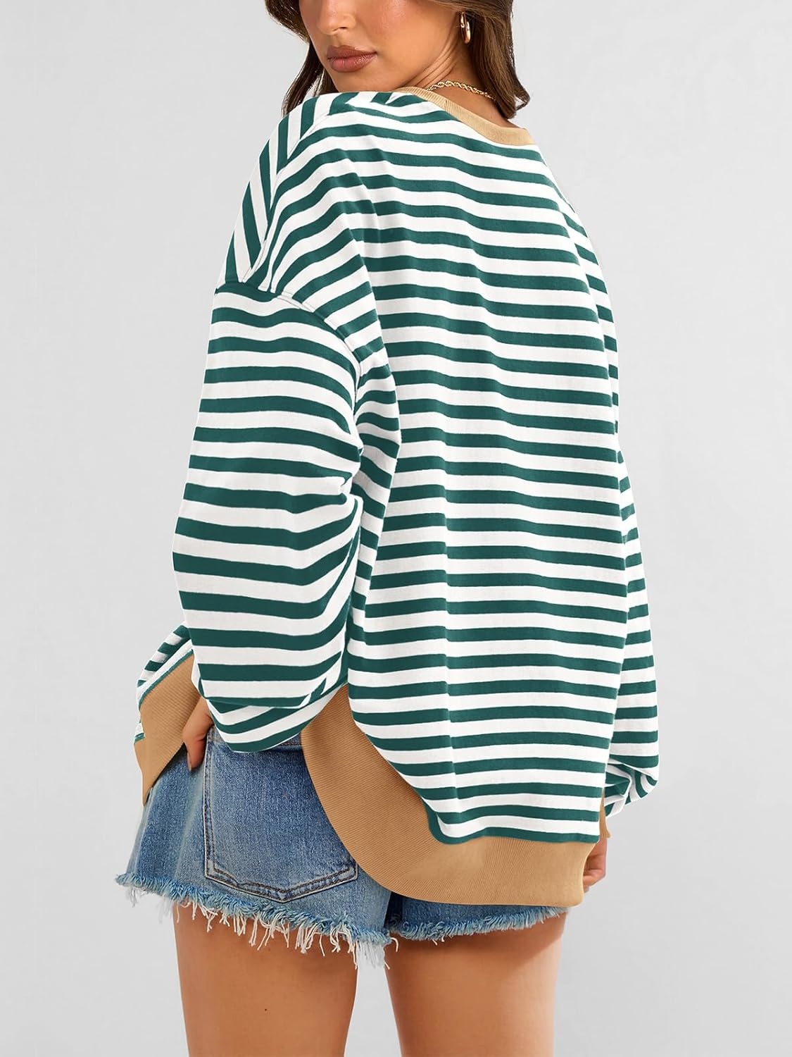 image:imagePRETTYGARDEN Womens Striped Oversized Sweatshirt Lightweight Fall Clothes Stitching Crew Neck Sweatshirts Women Long Sleeve Casual Loose Pullover Top Color Block Y2K Outfits Fashion ClothingGreen White