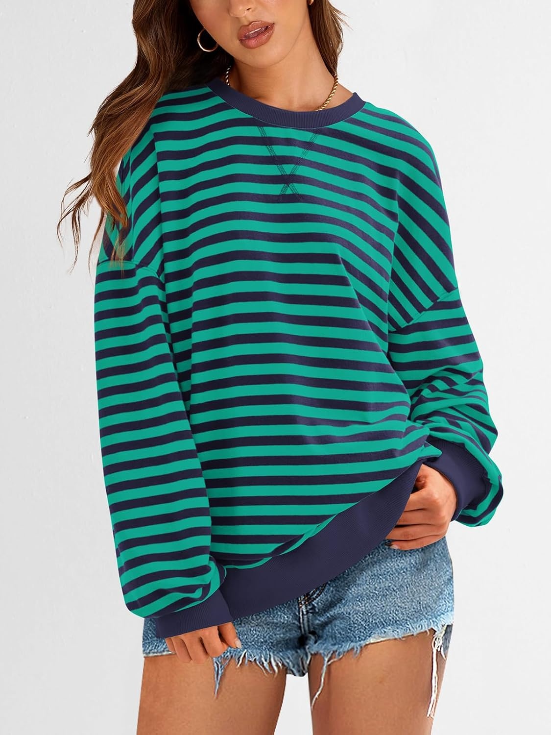 image:imagePRETTYGARDEN Womens Striped Oversized Sweatshirt Lightweight Fall Clothes Stitching Crew Neck Sweatshirts Women Long Sleeve Casual Loose Pullover Top Color Block Y2K Outfits Fashion ClothingRoyal Blue Green