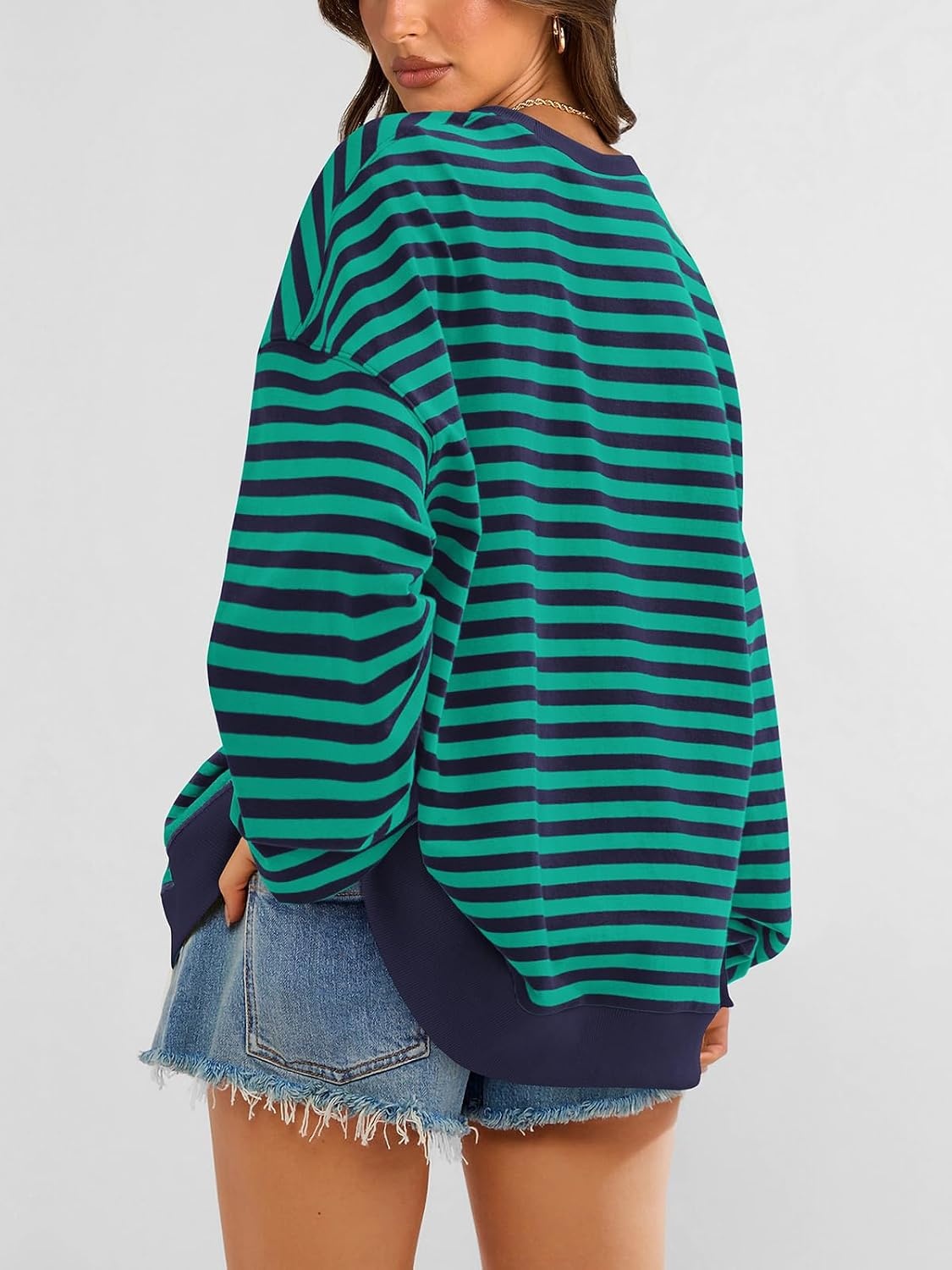 image:imagePRETTYGARDEN Womens Striped Oversized Sweatshirt Lightweight Fall Clothes Stitching Crew Neck Sweatshirts Women Long Sleeve Casual Loose Pullover Top Color Block Y2K Outfits Fashion ClothingRoyal Blue Green