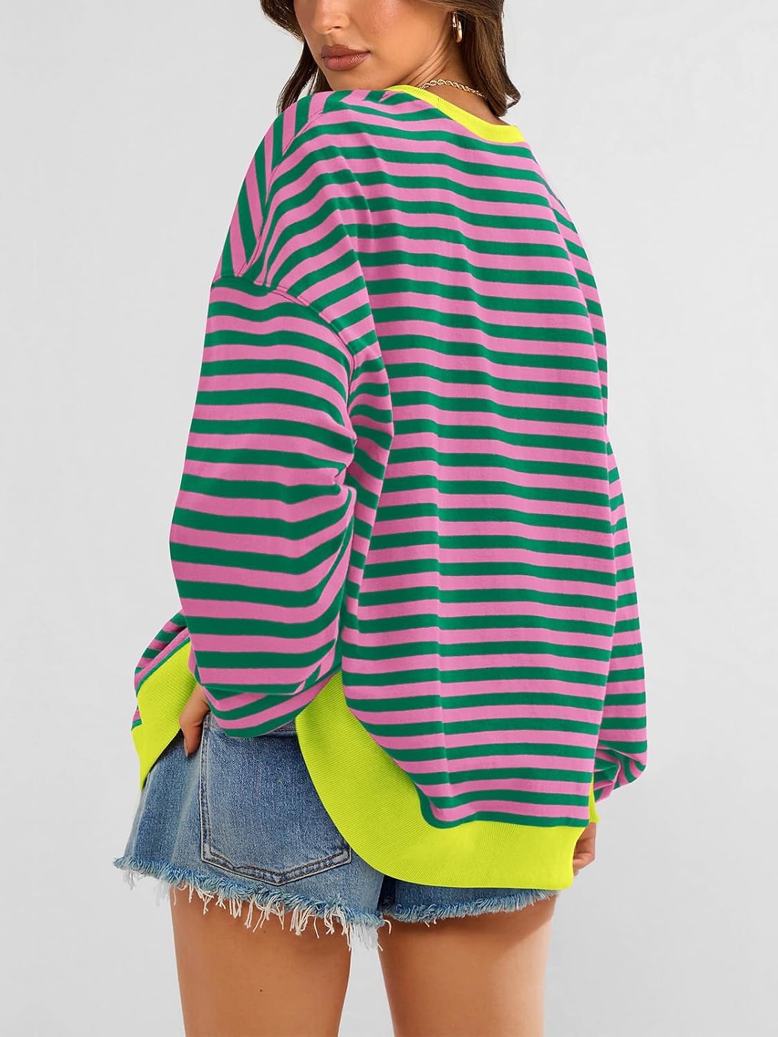 image:imagePRETTYGARDEN Womens Striped Oversized Sweatshirt Lightweight Fall Clothes Stitching Crew Neck Sweatshirts Women Long Sleeve Casual Loose Pullover Top Color Block Y2K Outfits Fashion ClothingPink Green