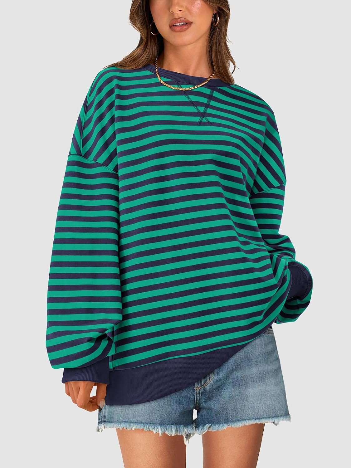 image:imagePRETTYGARDEN Womens Striped Oversized Sweatshirt Lightweight Fall Clothes Stitching Crew Neck Sweatshirts Women Long Sleeve Casual Loose Pullover Top Color Block Y2K Outfits Fashion ClothingRoyal Blue Green