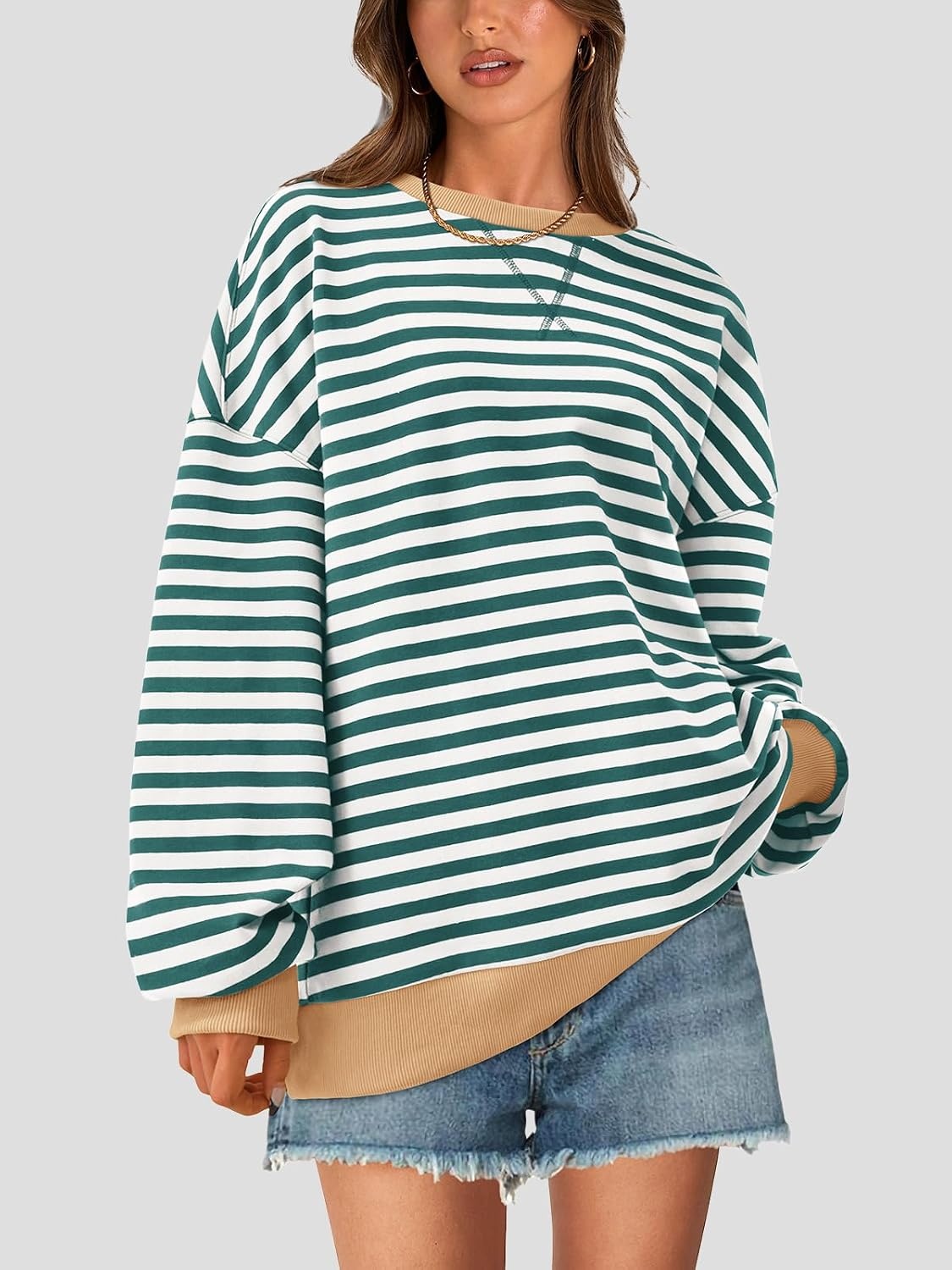image:imagePRETTYGARDEN Womens Striped Oversized Sweatshirt Lightweight Fall Clothes Stitching Crew Neck Sweatshirts Women Long Sleeve Casual Loose Pullover Top Color Block Y2K Outfits Fashion ClothingGreen White
