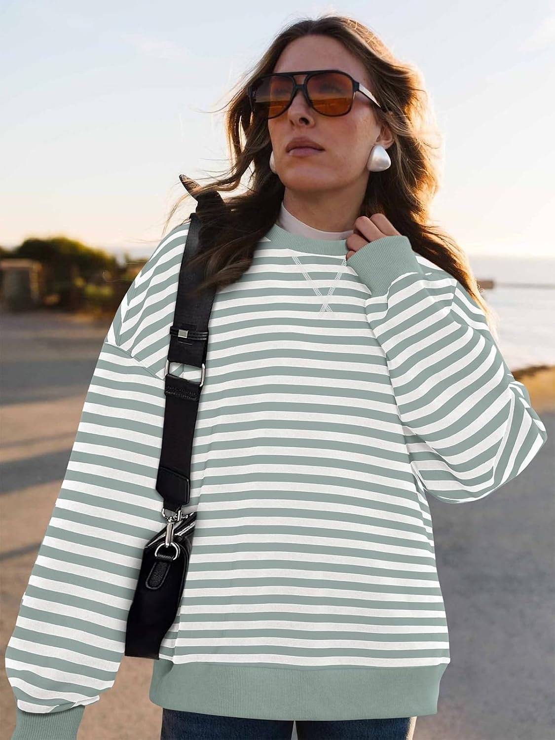 image:imagePRETTYGARDEN Womens Striped Oversized Sweatshirt Lightweight Fall Clothes Stitching Crew Neck Sweatshirts Women Long Sleeve Casual Loose Pullover Top Color Block Y2K Outfits Fashion ClothingLight Green White