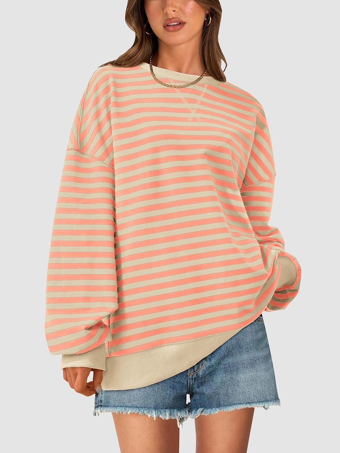 image:imagePRETTYGARDEN Womens Striped Oversized Sweatshirt Lightweight Fall Clothes Stitching Crew Neck Sweatshirts Women Long Sleeve Casual Loose Pullover Top Color Block Y2K Outfits Fashion ClothingApricot Orange