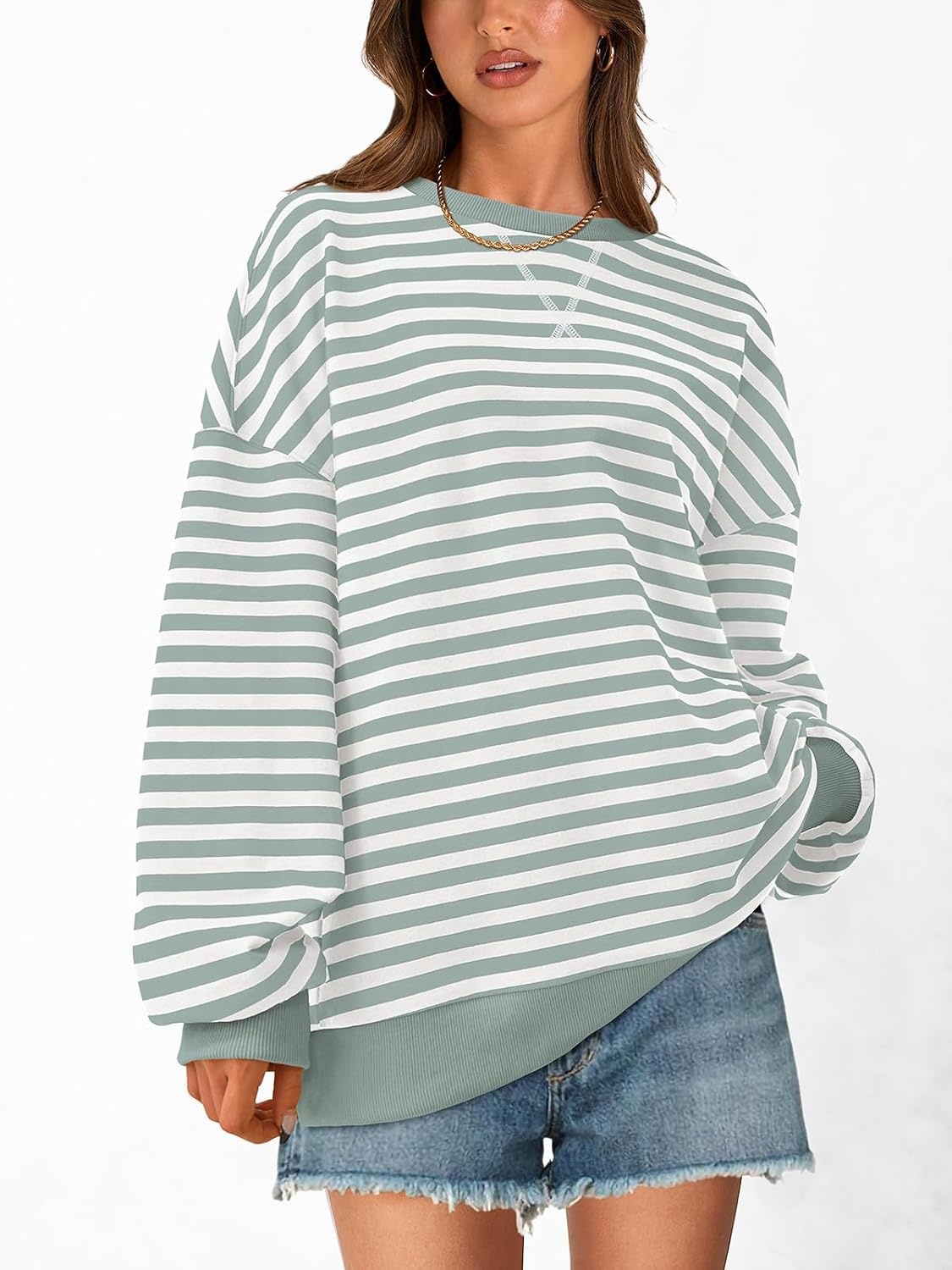 image:imagePRETTYGARDEN Womens Striped Oversized Sweatshirt Lightweight Fall Clothes Stitching Crew Neck Sweatshirts Women Long Sleeve Casual Loose Pullover Top Color Block Y2K Outfits Fashion ClothingLight Green White